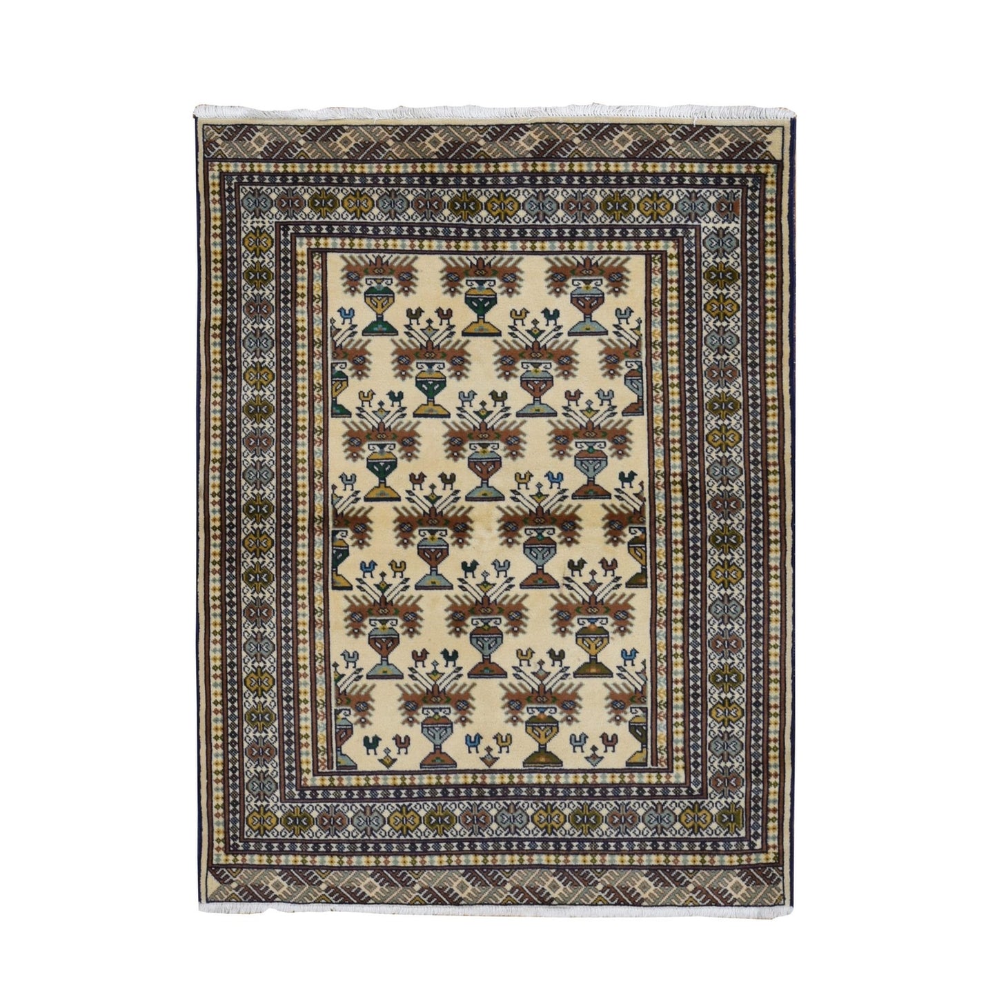 4'3"X5'7" Cream Color Hand Knotted Pure Wool Turkoman Bokara Design Rug