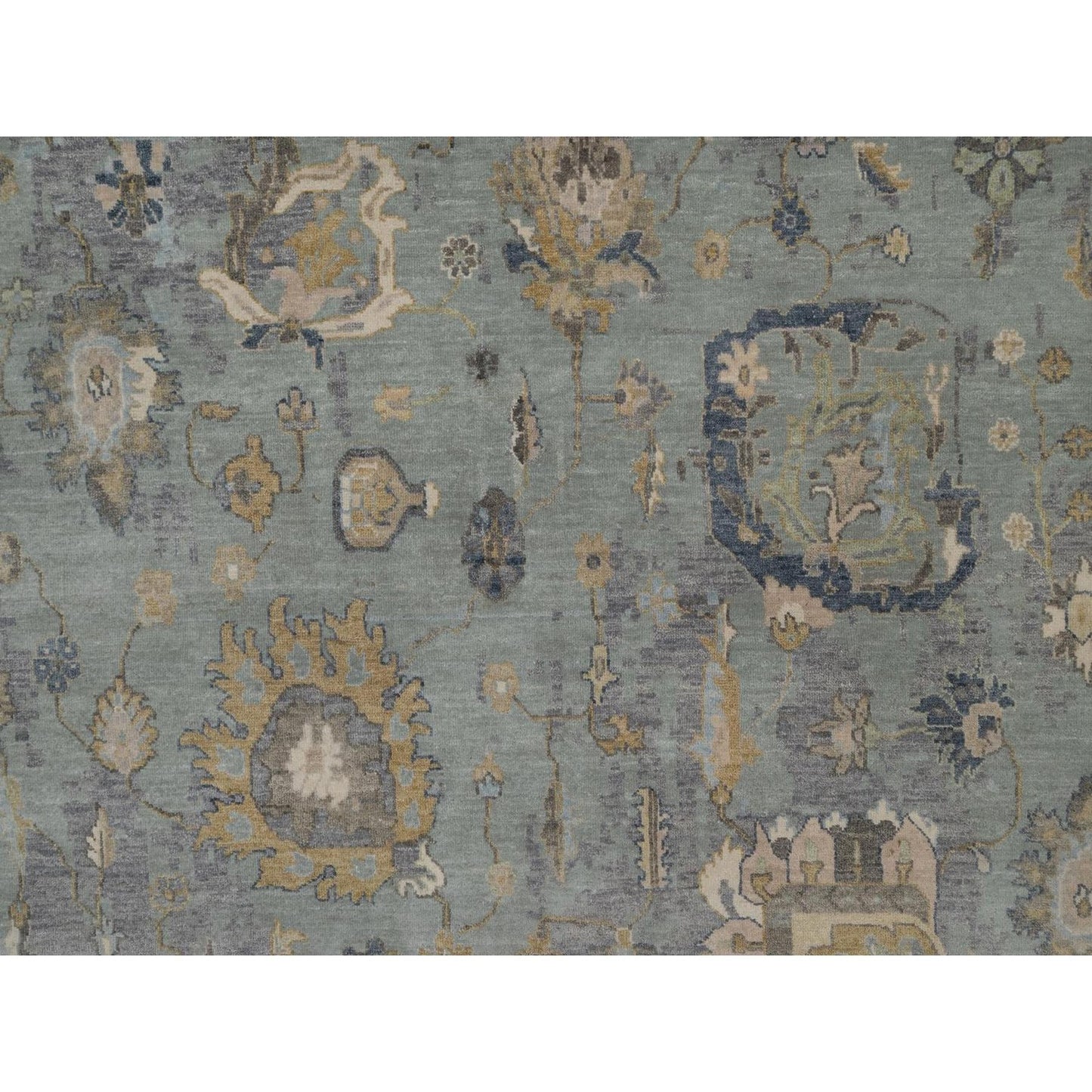 8'7"X12' Silt Green Pure Wool Rug Oushak With Leaf Pattern Hand Knotted