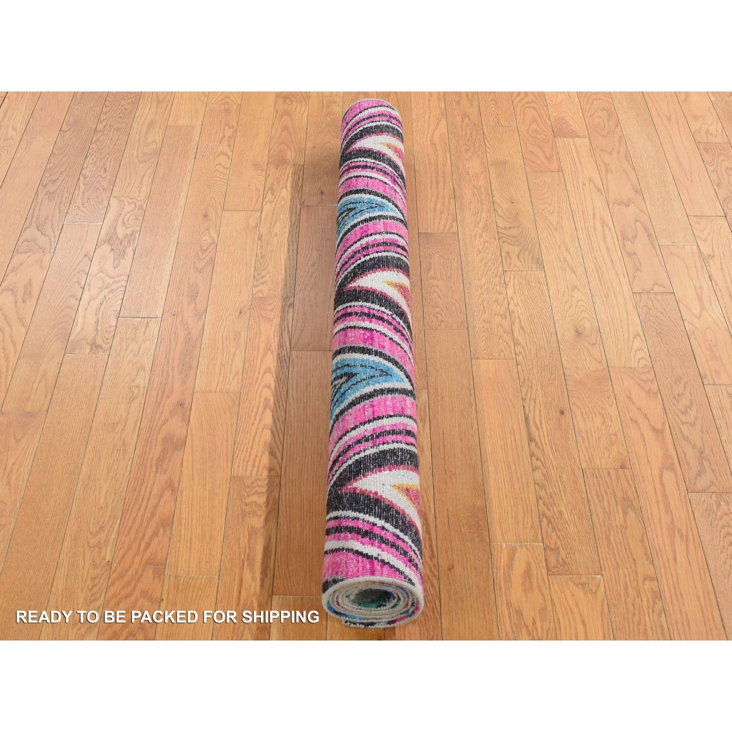 4'X6'2" Hot Pink Hand Knotted Chevron Design Silk With Wool Rug