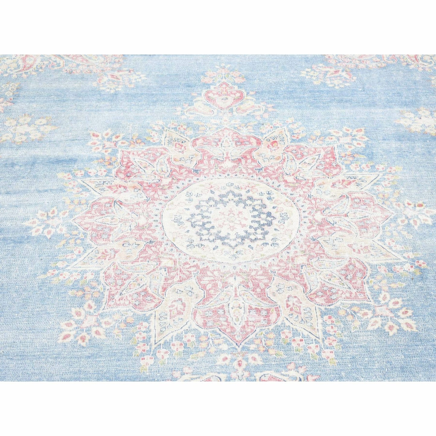 10'X12'10" Blue Vintage Farsian Karman Worn Wool Hand Knotted Rug