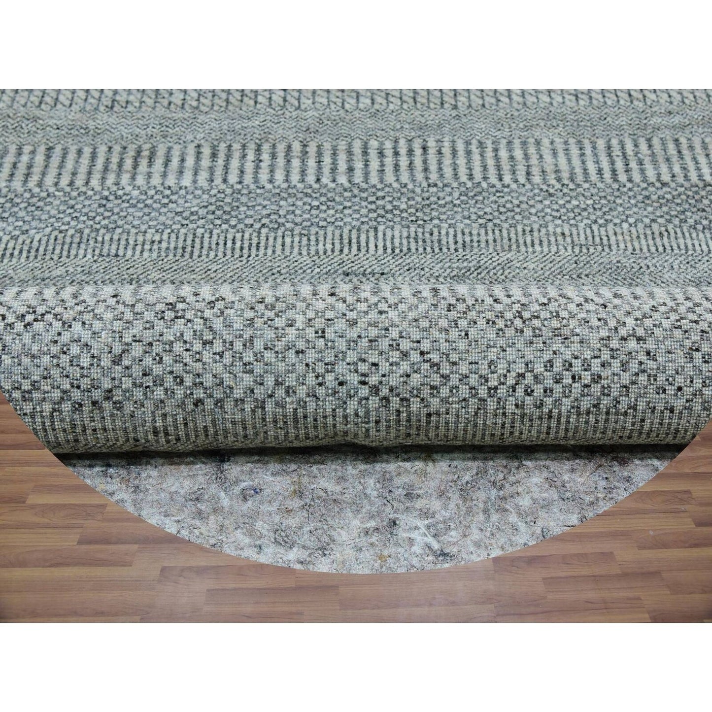 10'X10' Trout Gray Hand Knotted Modern Grass Design Undyed Wool Round Rug