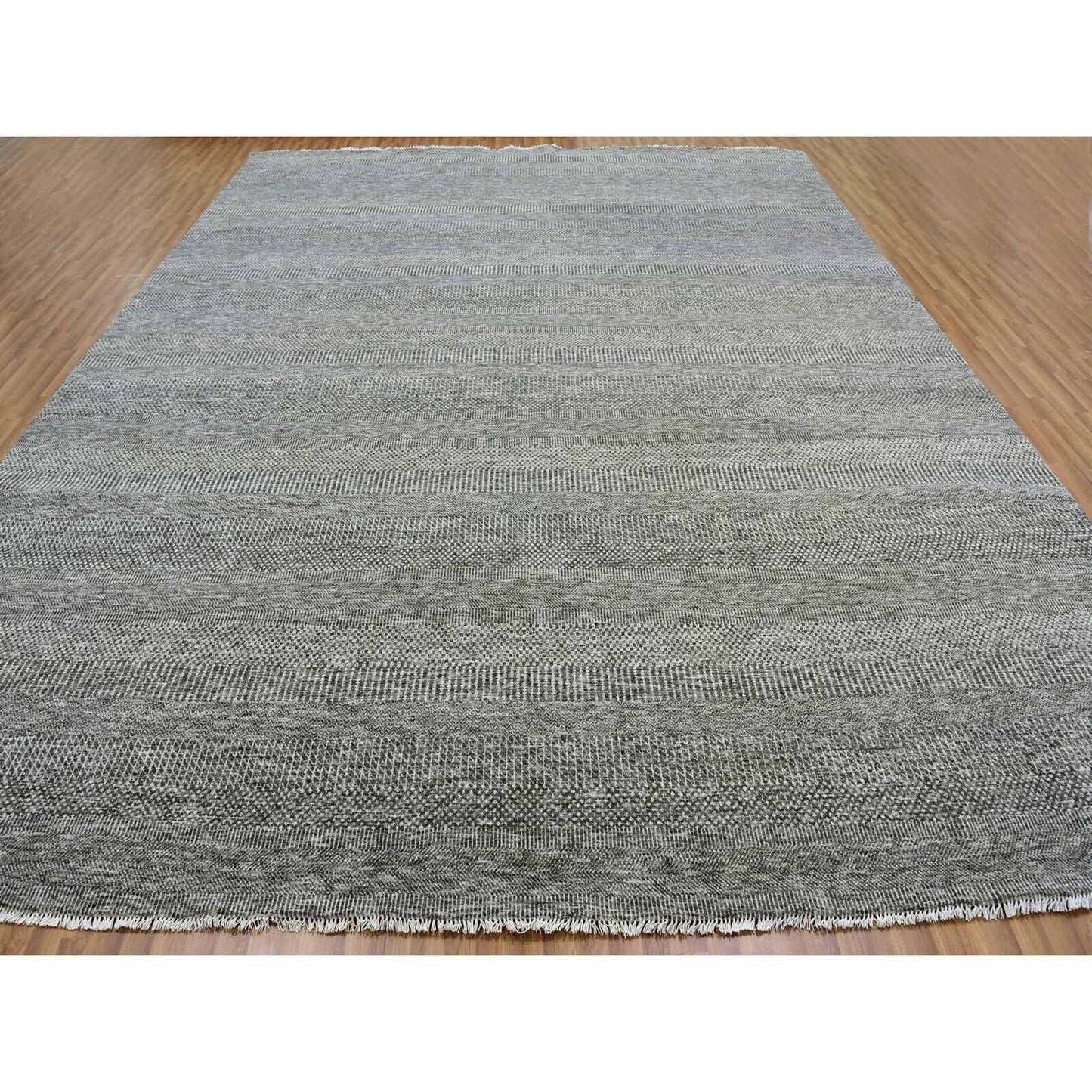 12'2"X15'2" Gray Undyed 100% Wool Grass Design Hand Knotted Oversized Rug