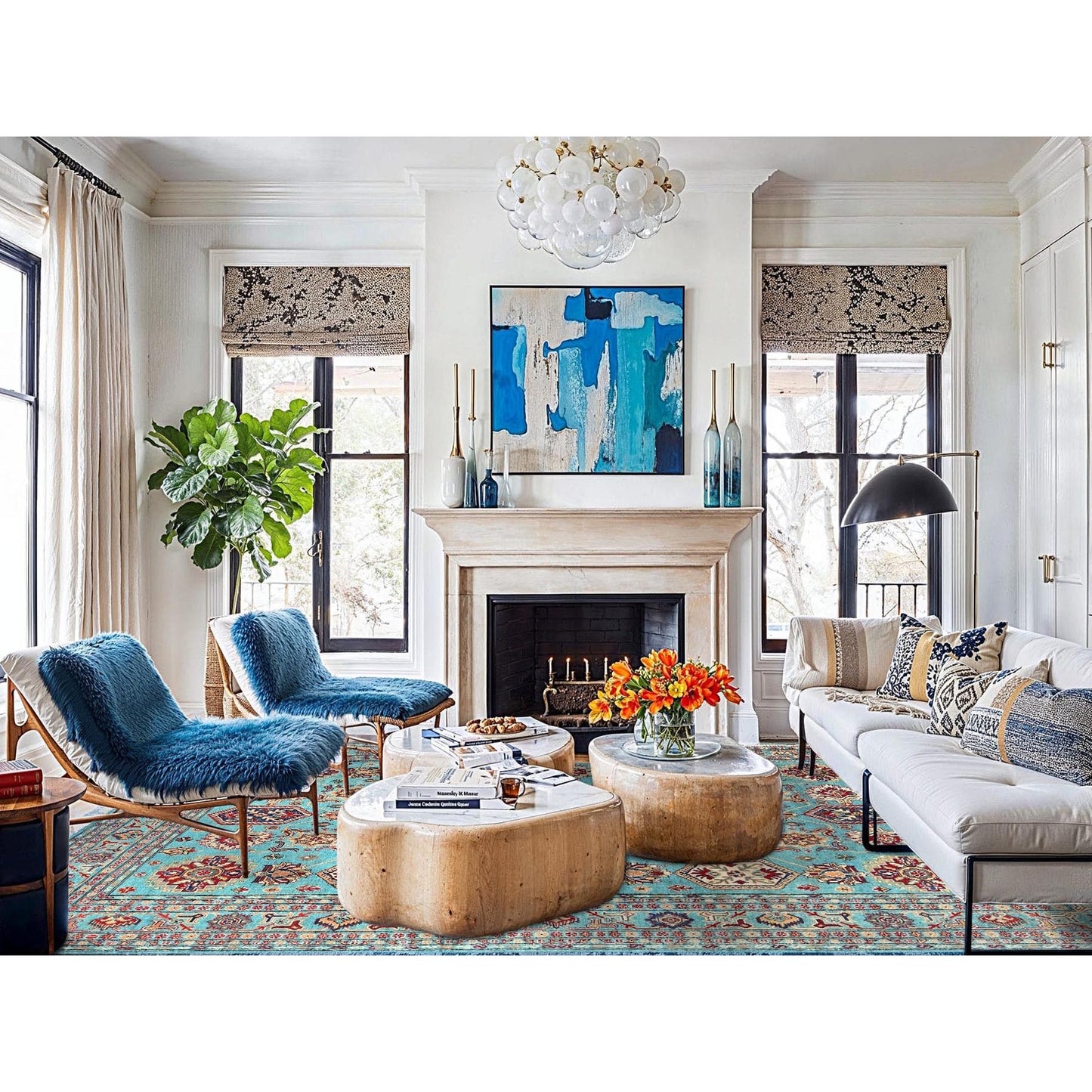 9'X12'1" Fanfare Blue Kazak Geometric Hand Knotted 100% Wool Oriental Rug