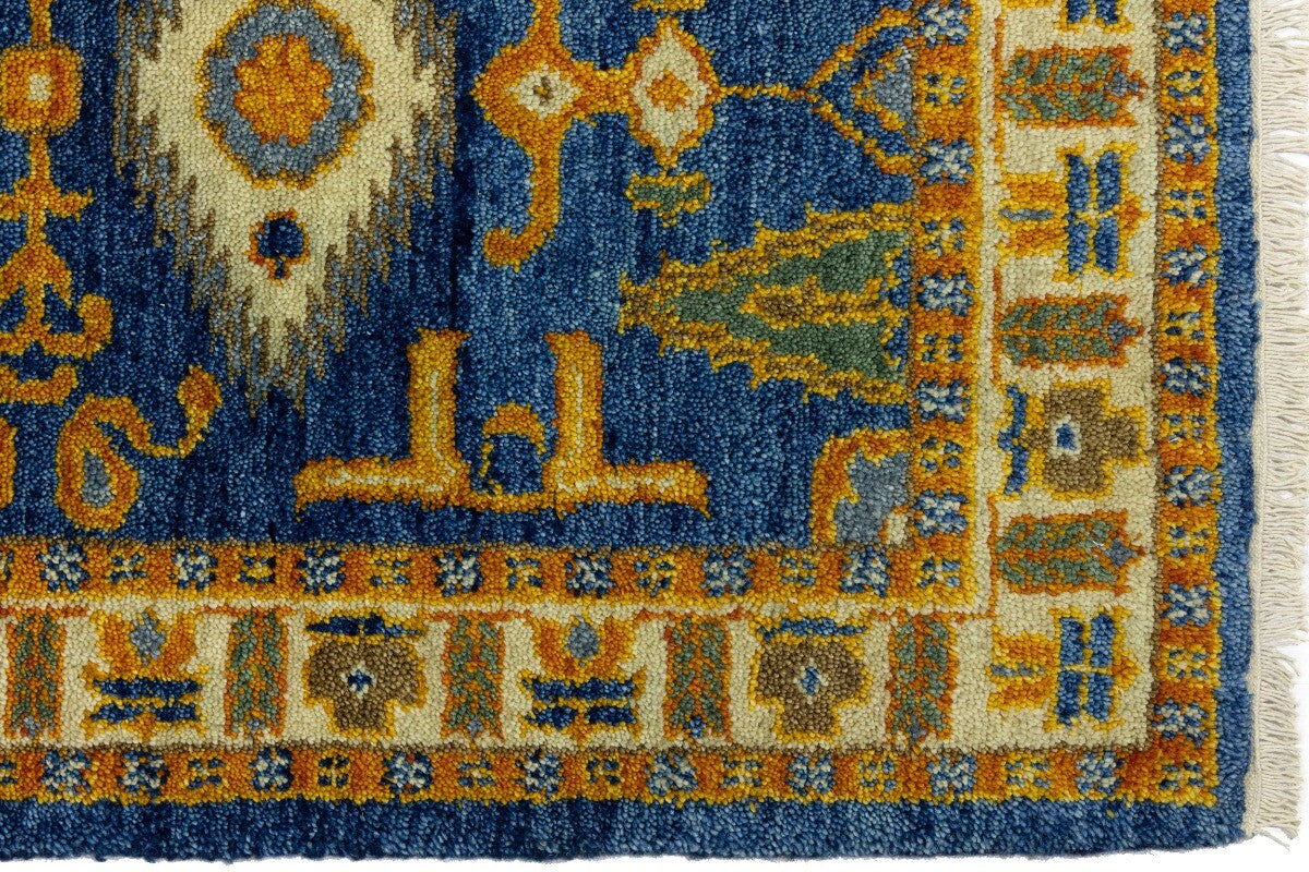 Vintage Style Blue Geometric Kazak Runner Rug