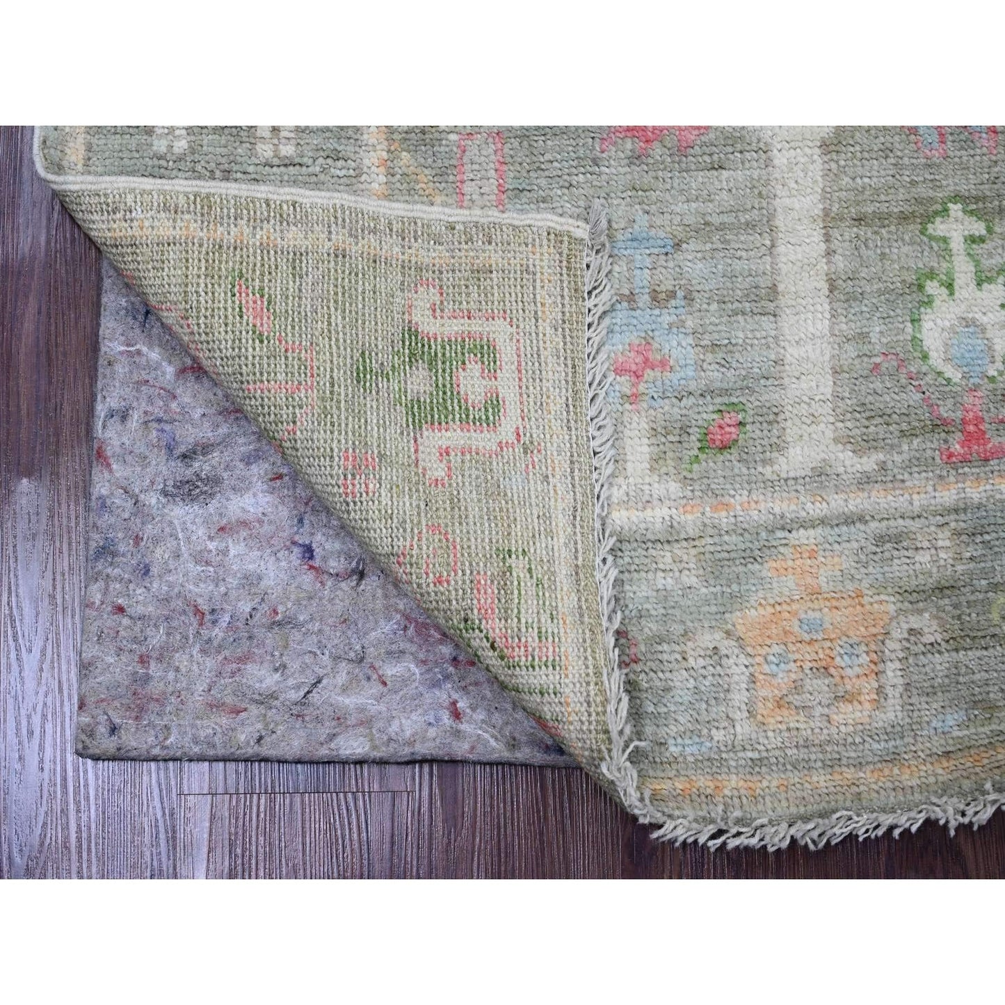 3'2"X9'9" Green Hand Knotted Angora Oushak Tree Design Wool Runner Rug