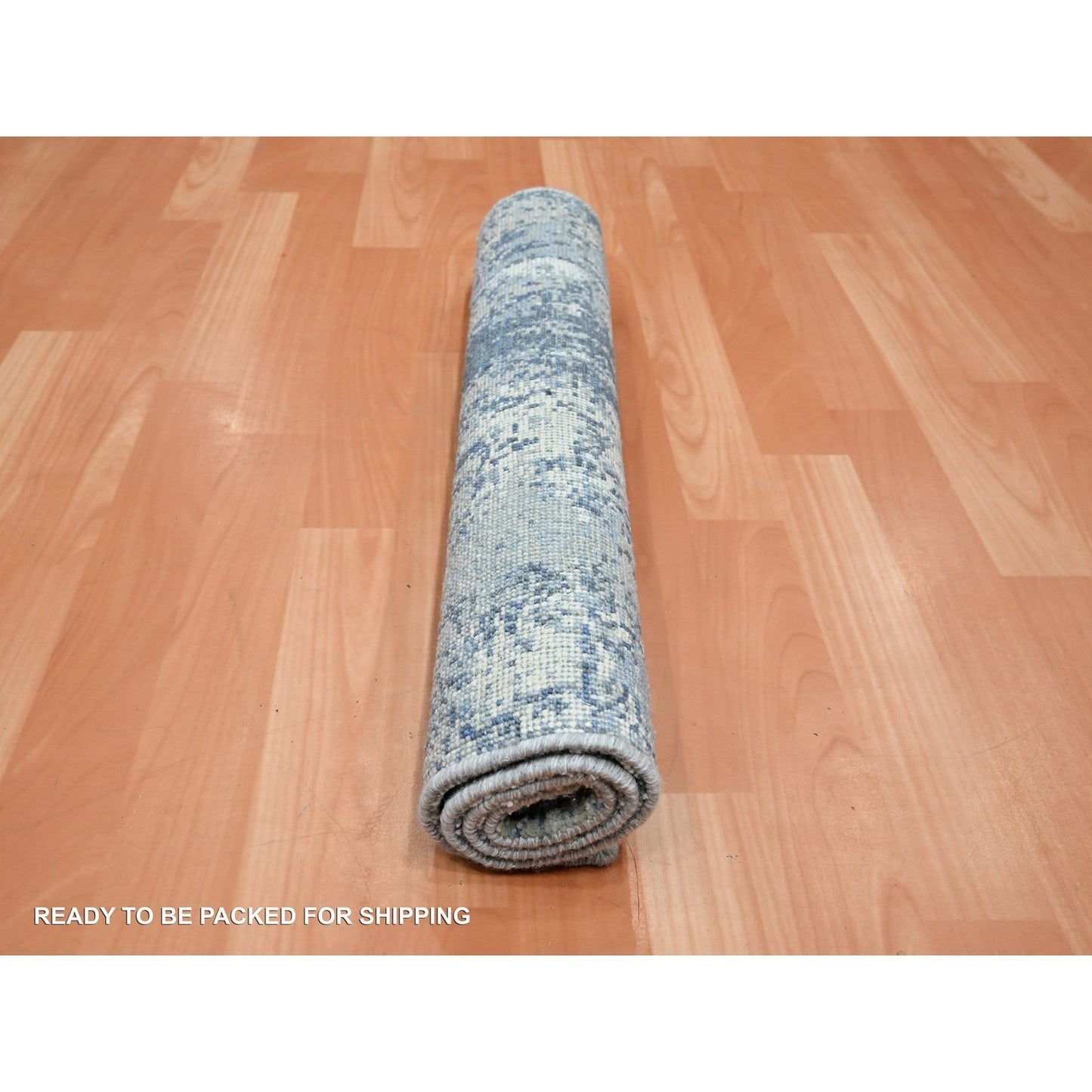 2'1"X3' Blue Abstract Design Pure Silk And Wool Hand Knotted Mat Rug