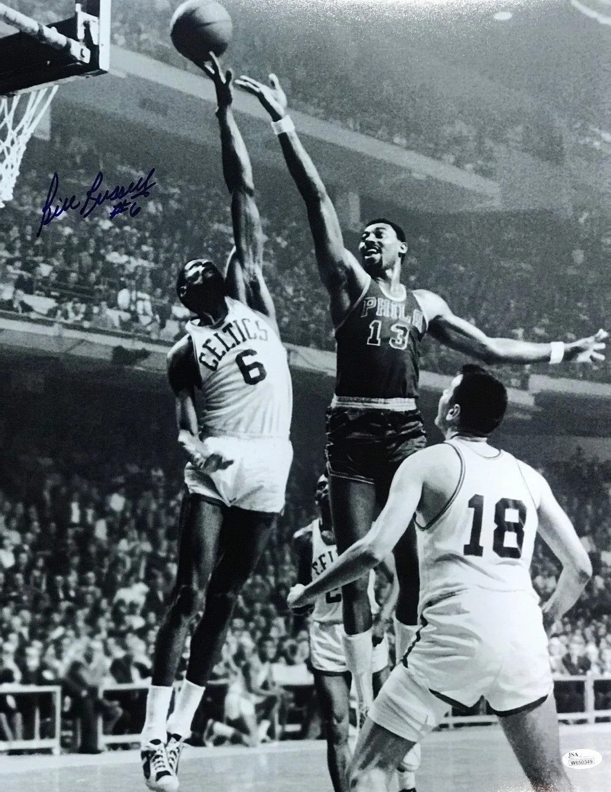 Bill Russell Autographed Blocking Chamberlain 16X20 Photo