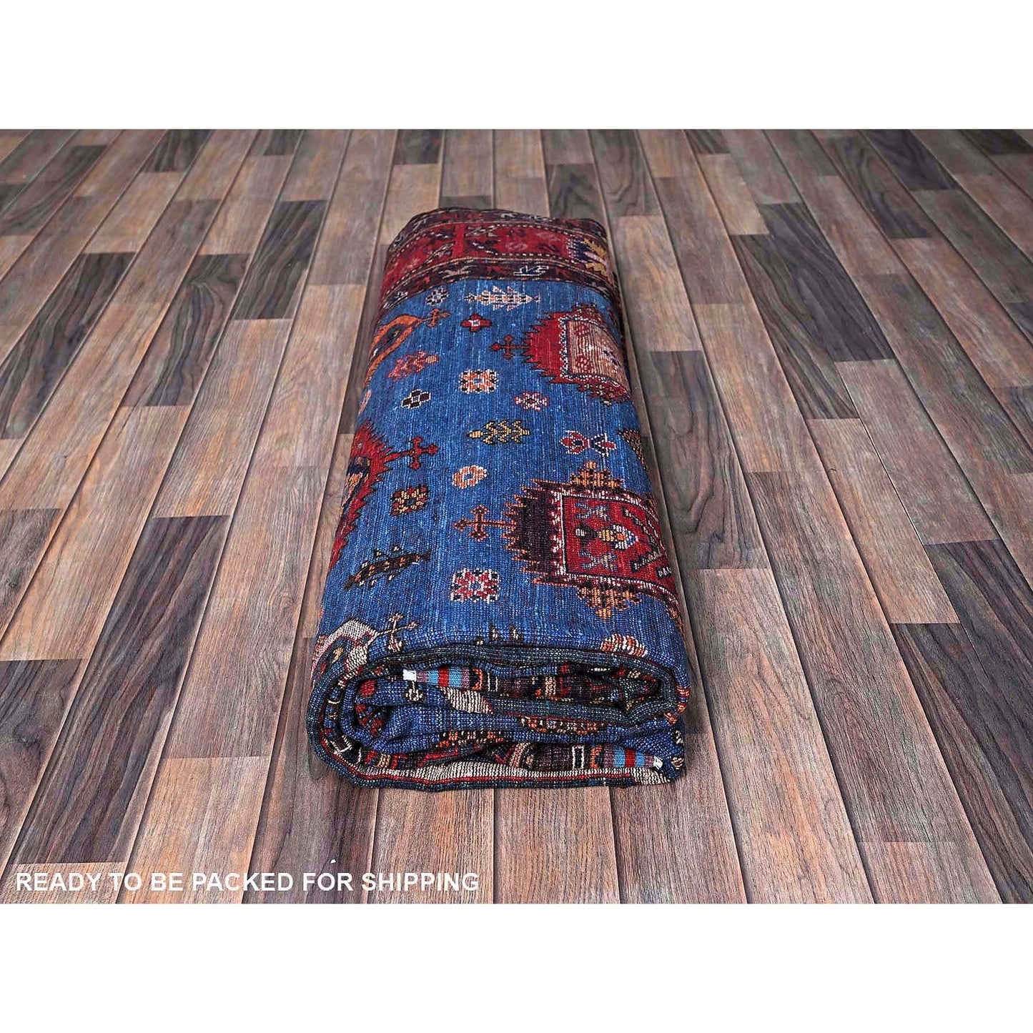 6'3"X9'1" Blue Afghan Caucasian Design Revival Hand Knotted Soft Wool Rug