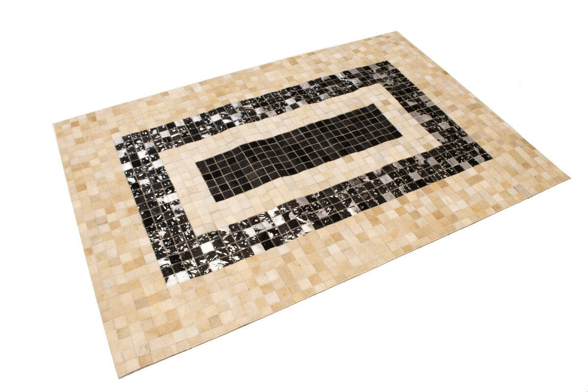 Hand-Stitched Black Beige Cowhide Leather Rug 4X6