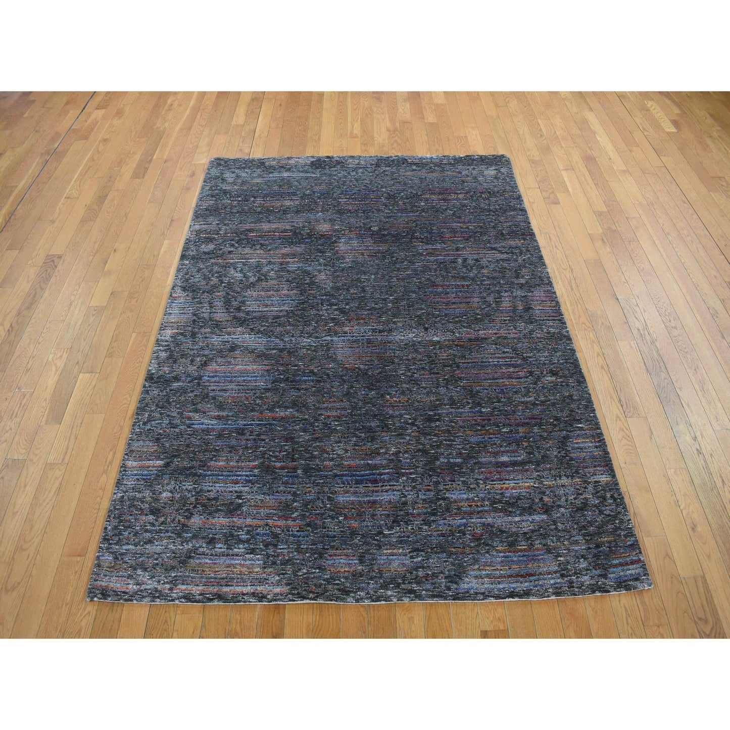 5'9"X7'10" Black Erased Design Handspun Wool And Silk Oriental Rug