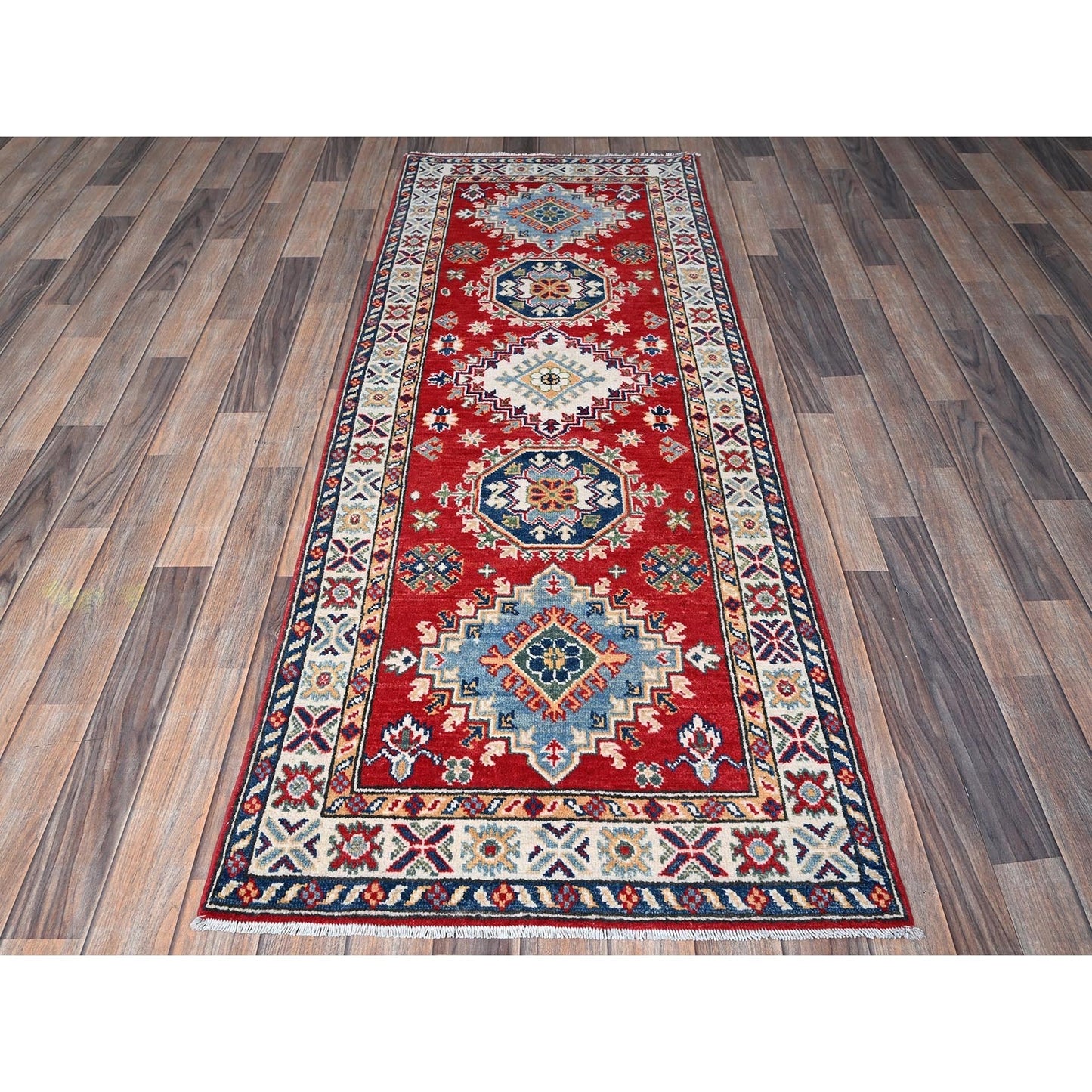 2'7"X6'9" Red Kazak Medallions Design Soft Wool Hand Knotted Runner Rug