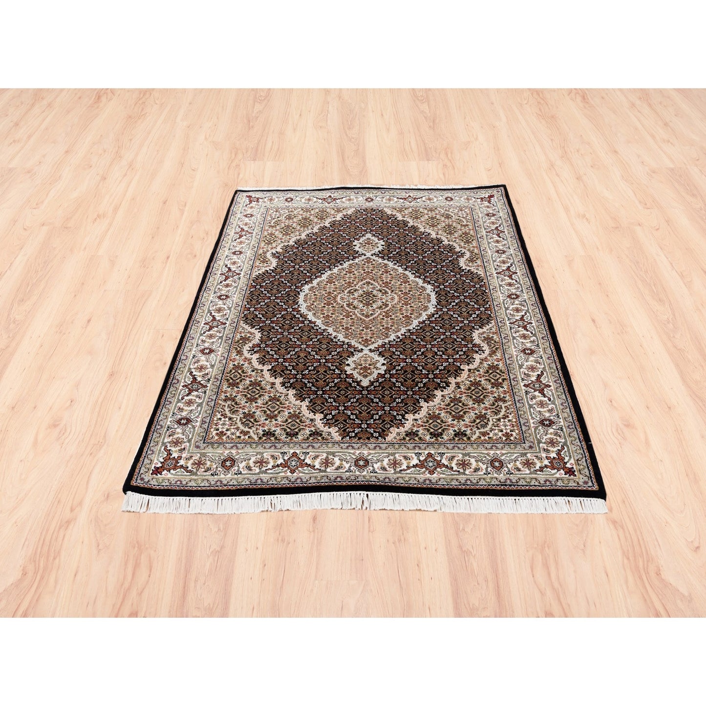 4'2"X6'1" Hand Knotted Tebraz Mahi Fish Medallion Design Wool-Silk Rug