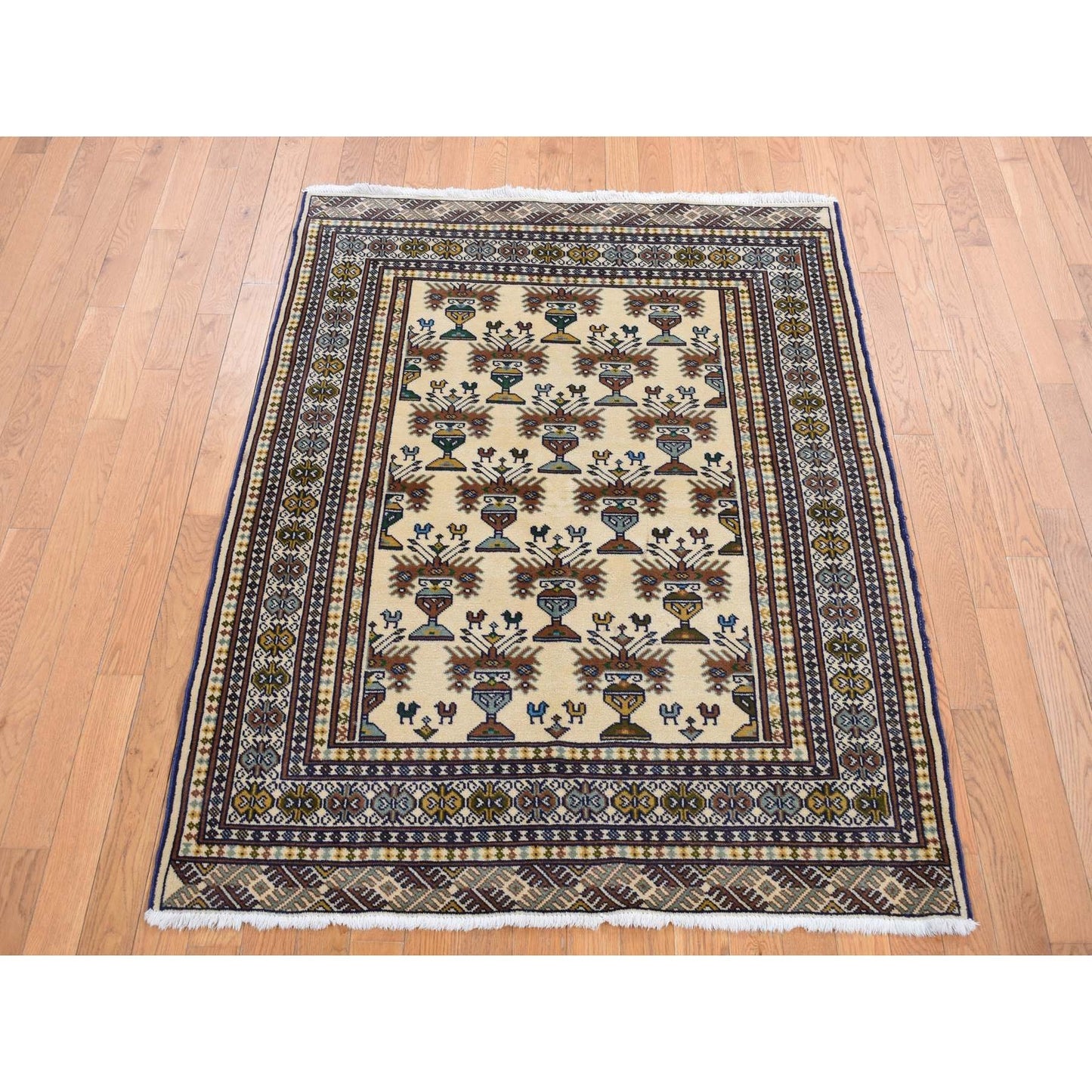 4'3"X5'7" Cream Color Hand Knotted Pure Wool Turkoman Bokara Design Rug