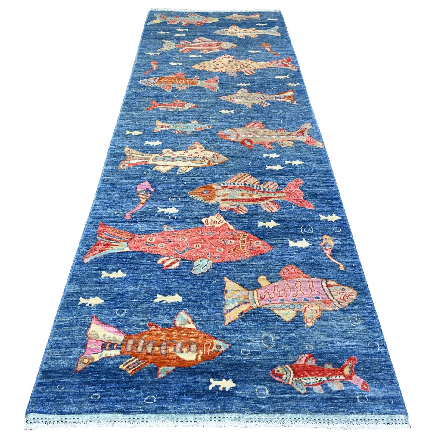 4'X11'7" Blue Wool Hand Knotted Peshawar Oceanic Fish Wide Runner Rug
