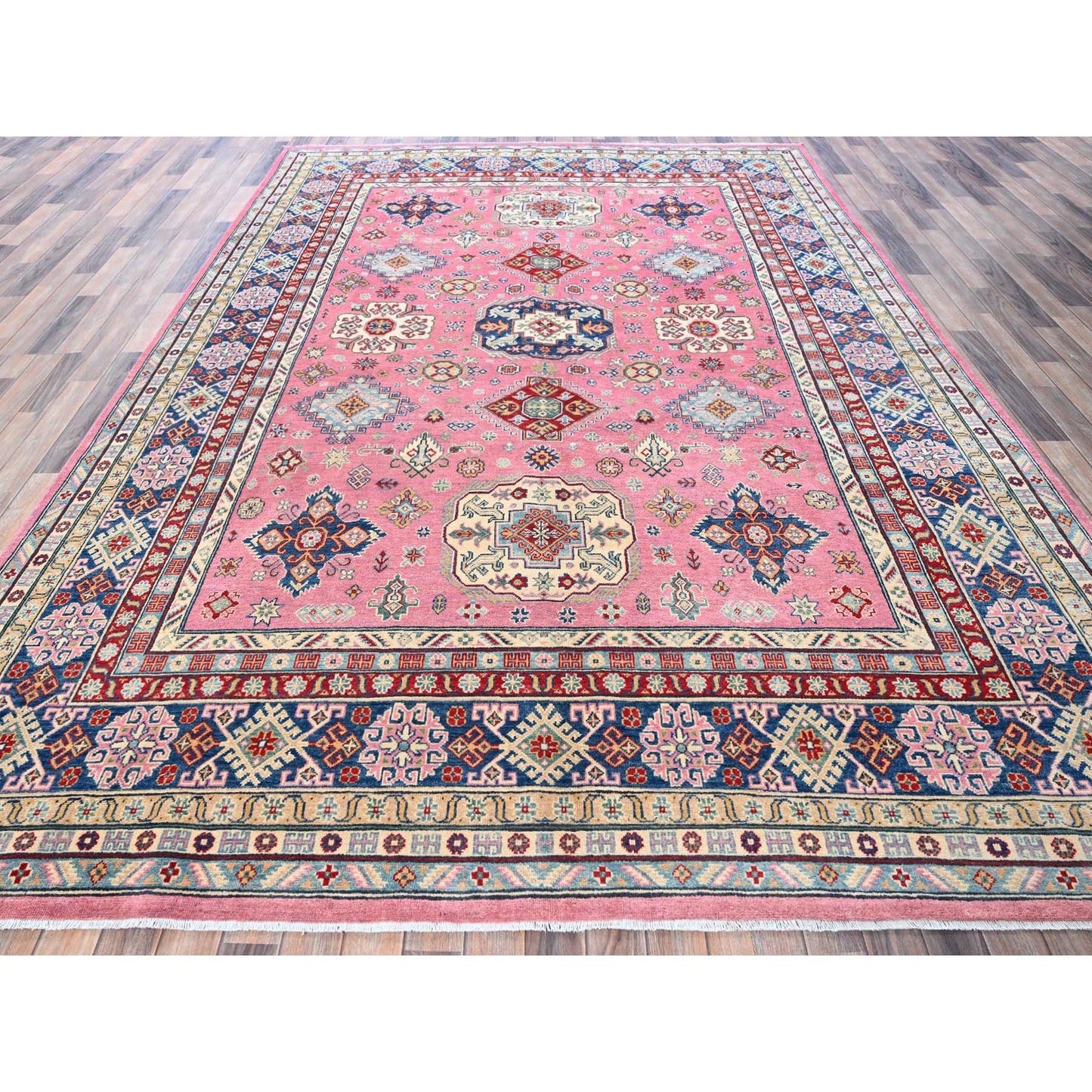 8'9"X11'8" Pink Kazak With Tribal Design Hand Knotted All Wool Oriental Rug