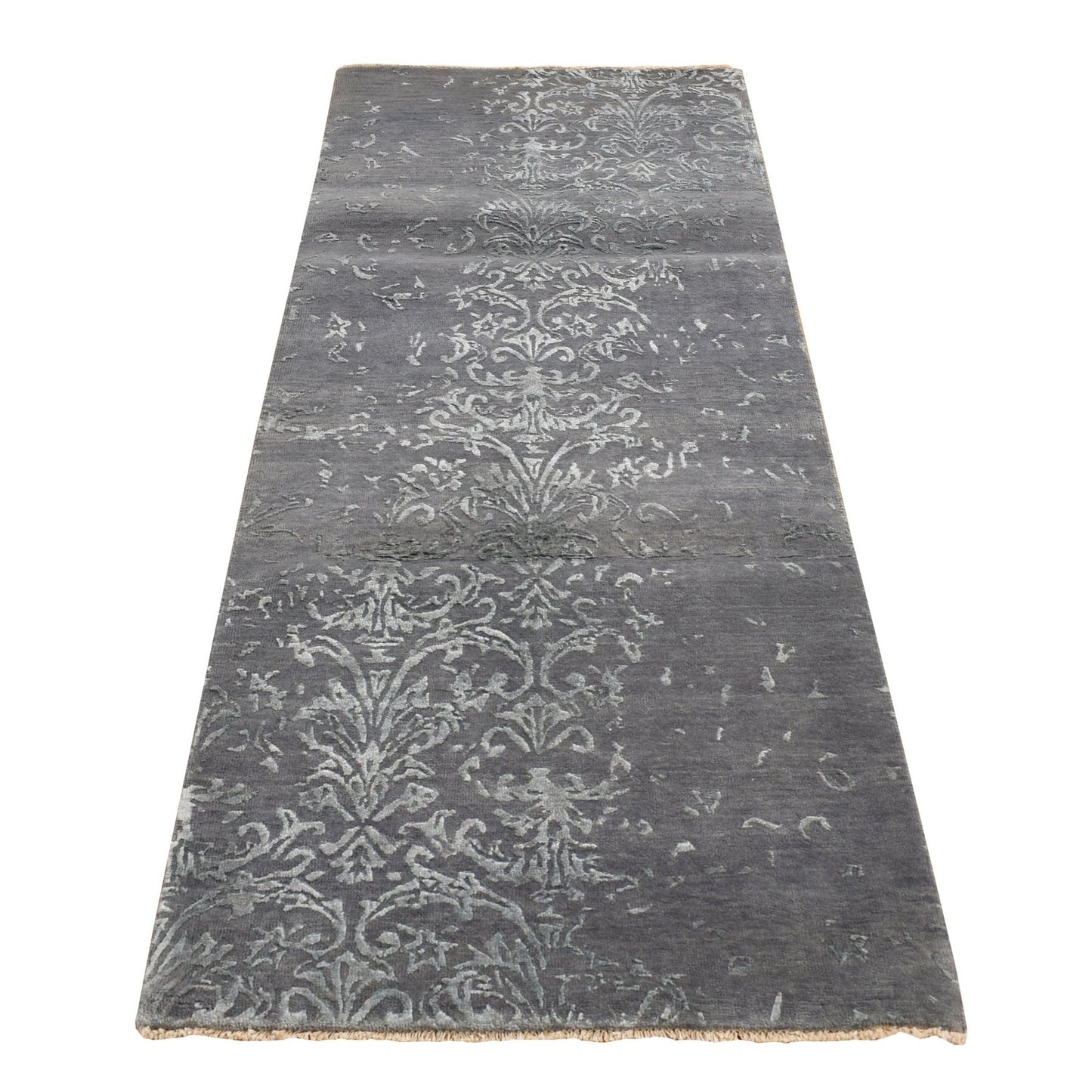 2'9"X6'9" Gray Erased Abarasque Design Wool And Silk Handmade Runner Rug