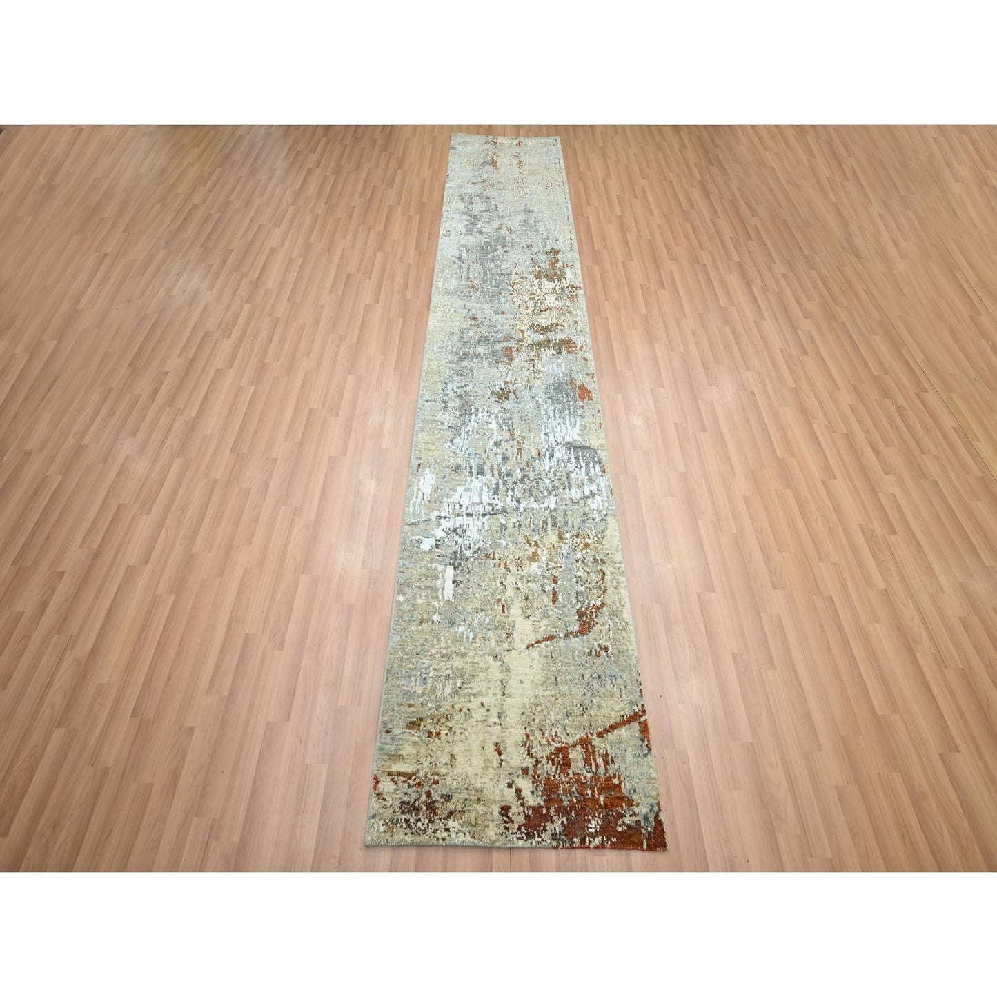 2'7"X12'6" Gray-Beige Abstract Design 100% Wool Hand Knotted Runner Rug