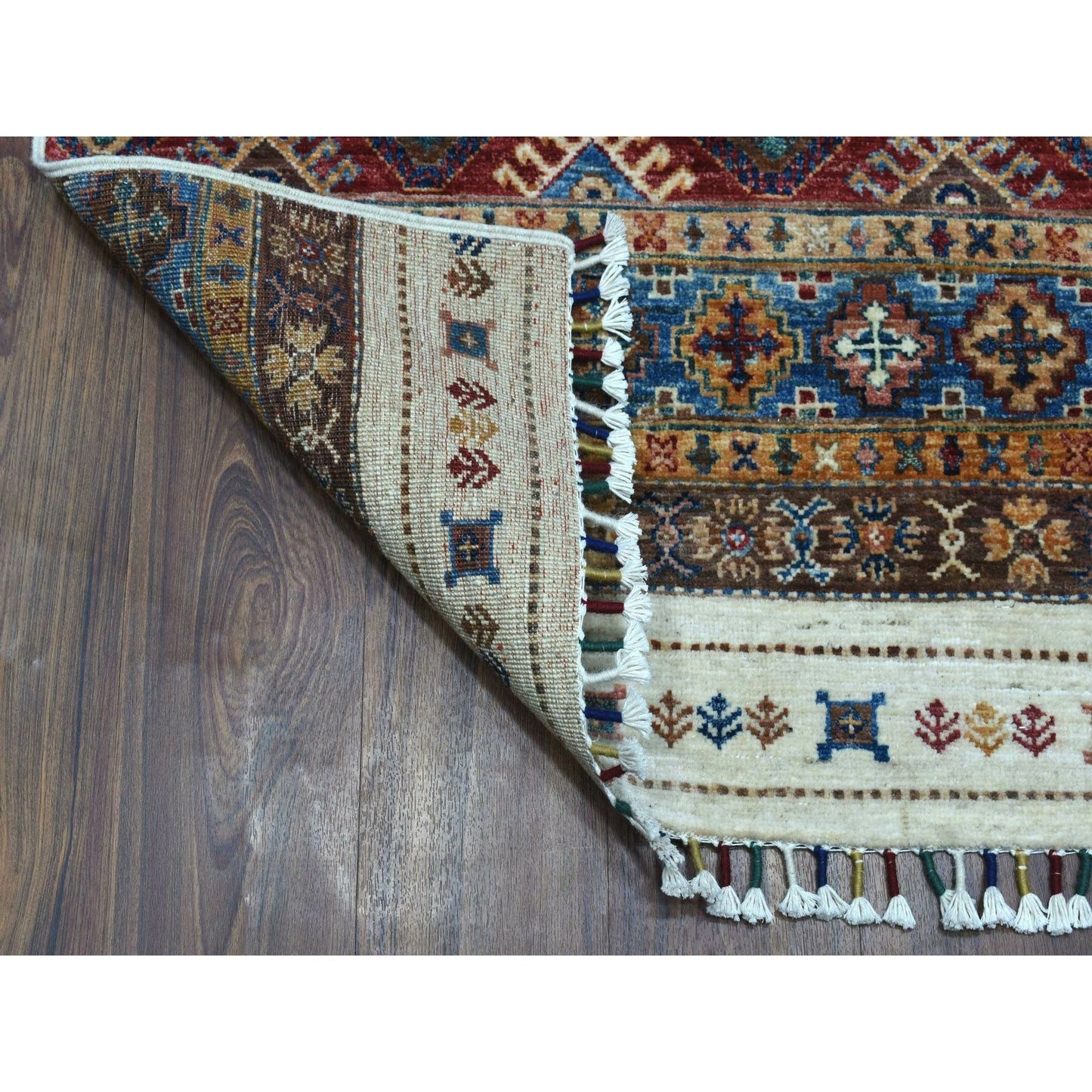 2'7"X9' Ivory Khorjin Design Runner Super Kazak Handknotted Pure Wool Rug