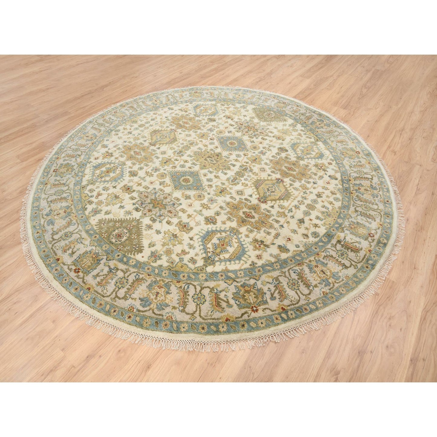 8'10"X8'10" Ivory Hand Knotted Karjihooz Design Wool Round Rug