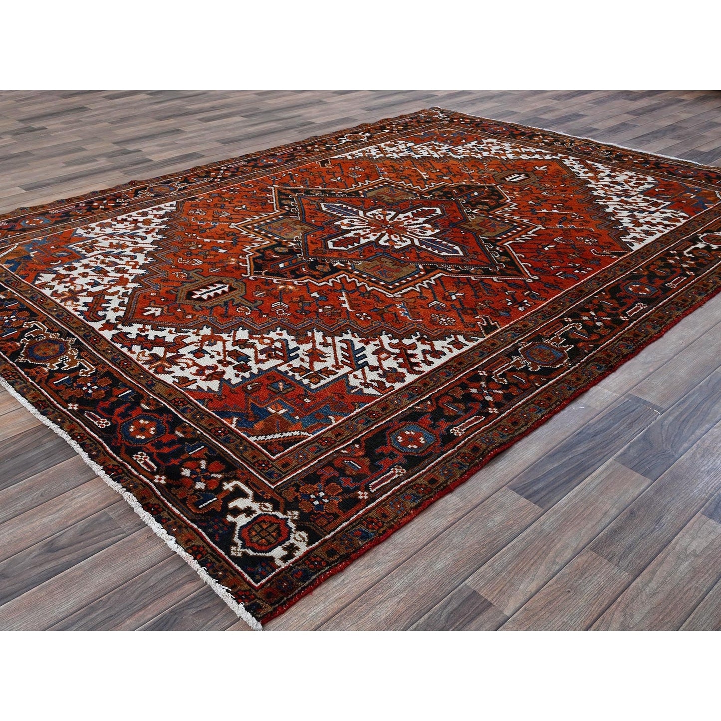 6'10"X9'7" Orange Vintage Zoroastrian Heris All Wool Hand Knotted Clean Rug