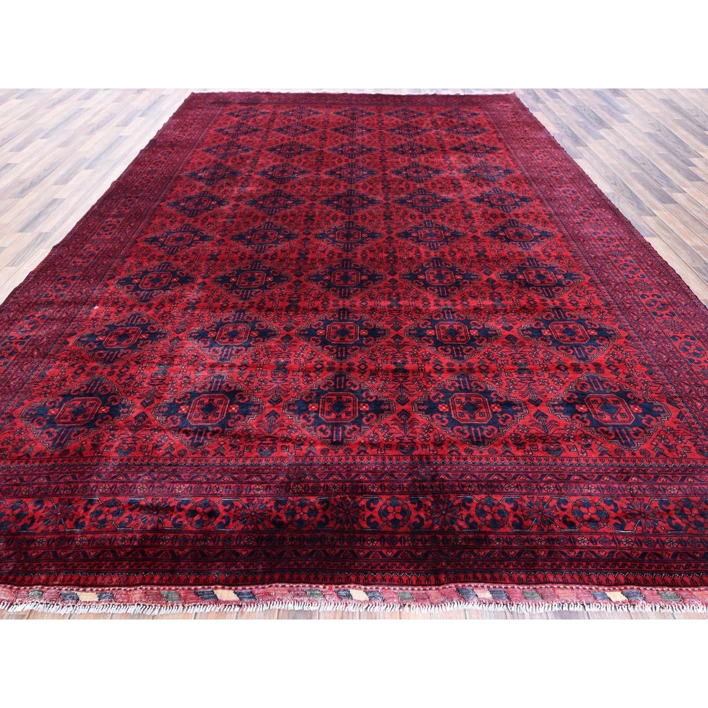 9'10"X13'2" Red Afghan Khamyab Geometric Design Soft Wool Hand Knotted Rug