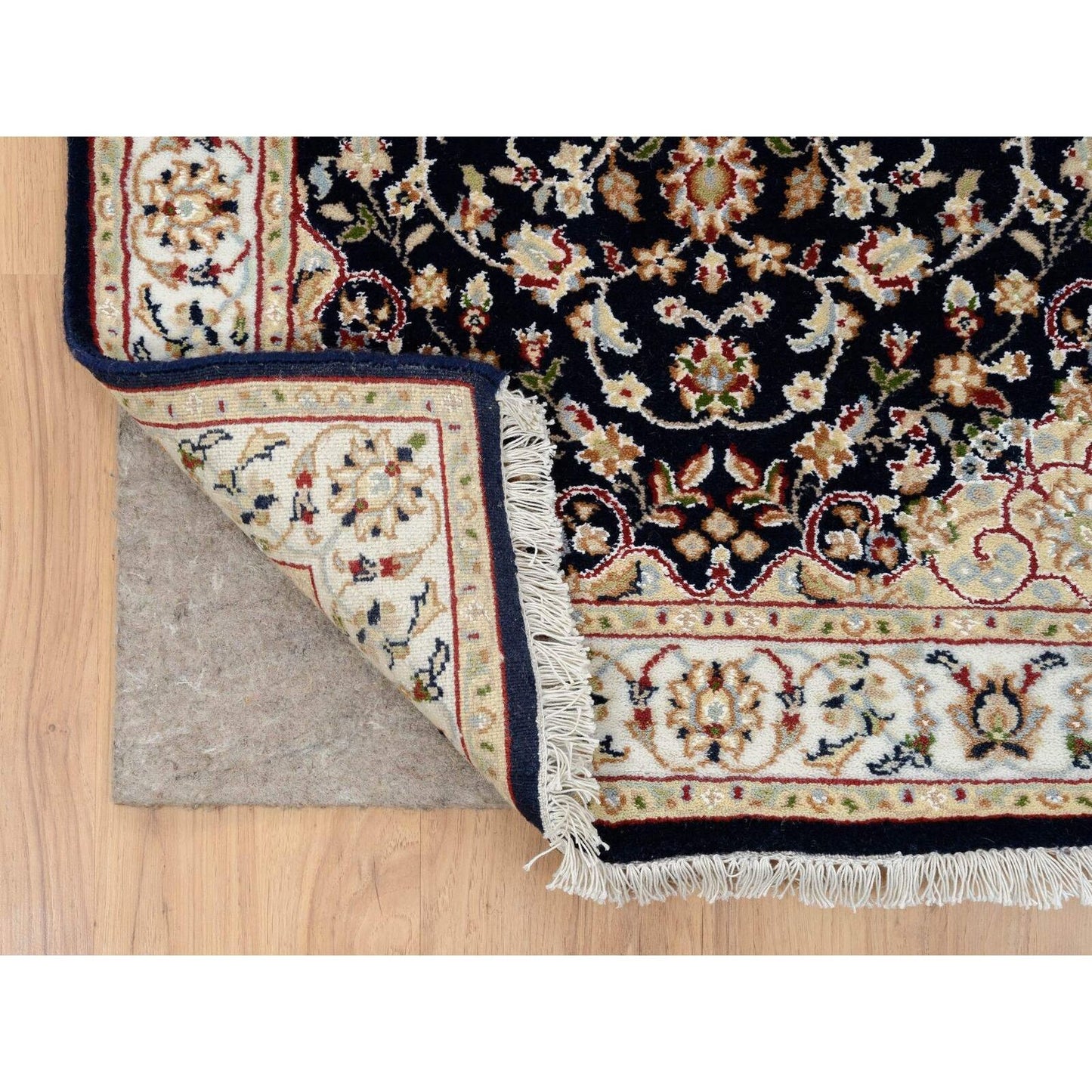 2'7"X16'4" Midnight Blue Hand Knotted Nain 250 Kpsi Wool-Silk Runner Rug