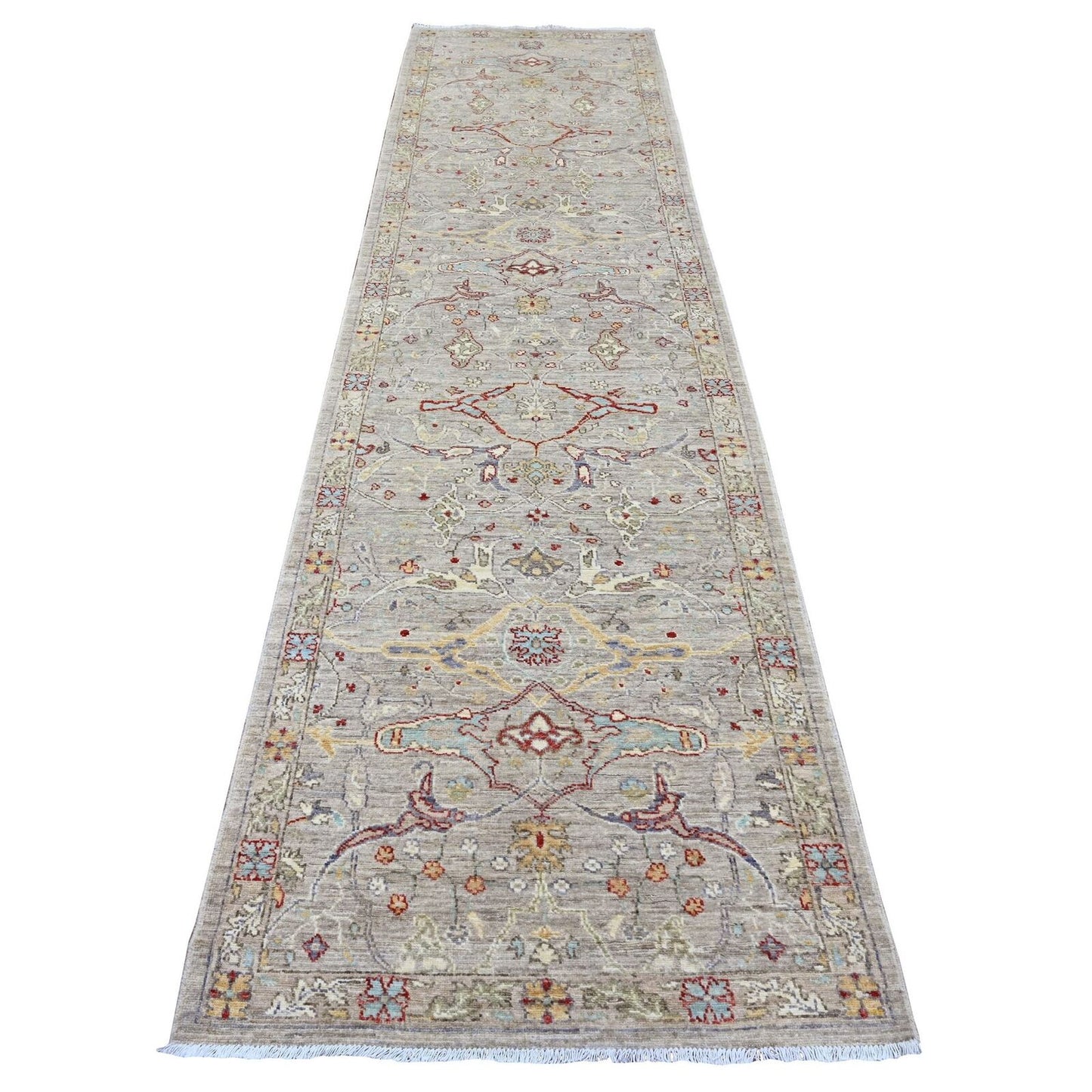 3'X11'8" Brown Peshawar Bijar Garus Design Wool Hand Knotted Runner Rug