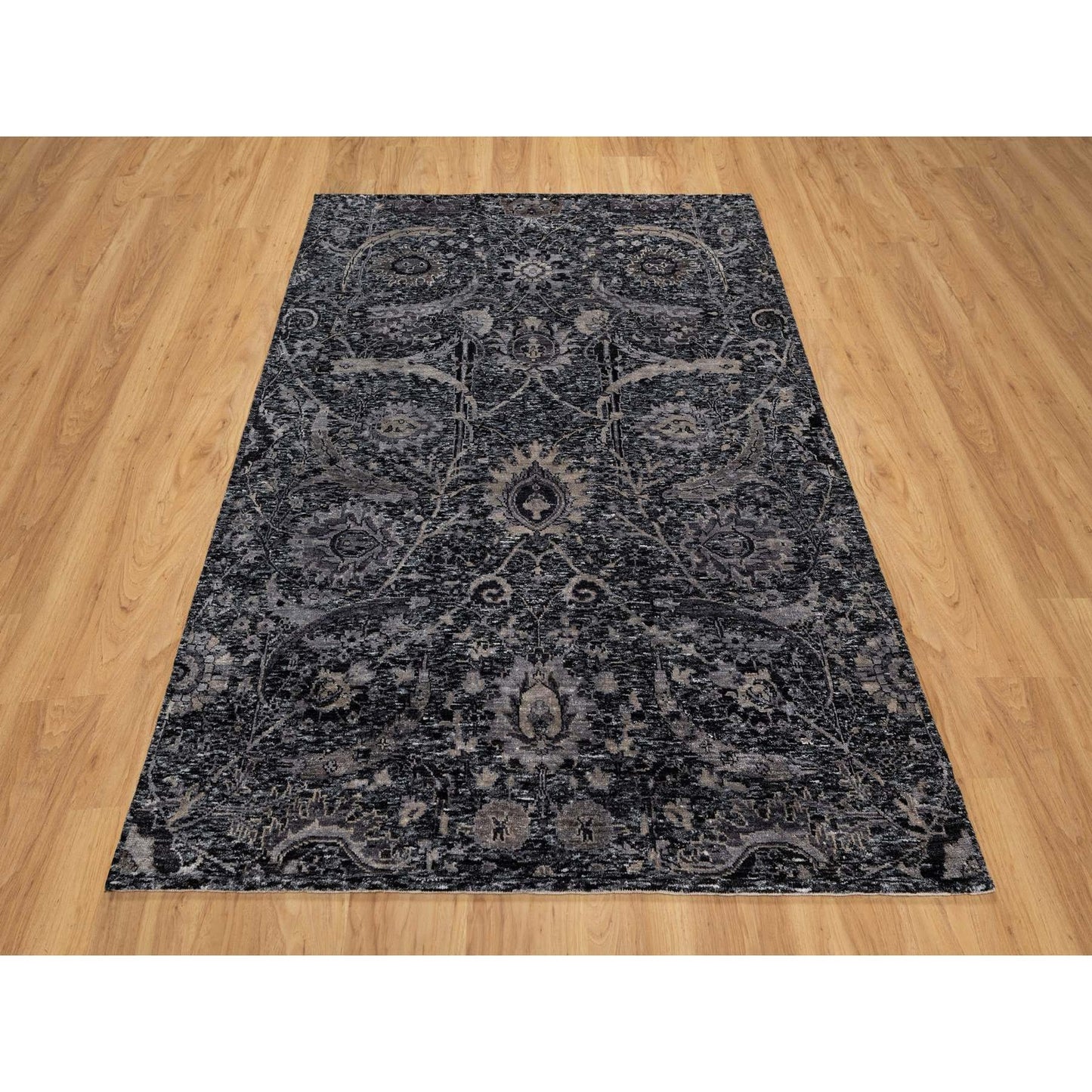 4'10"X7' Phantom Black Hand Knotted Sickle Leaf Design Wool And Silk Rug
