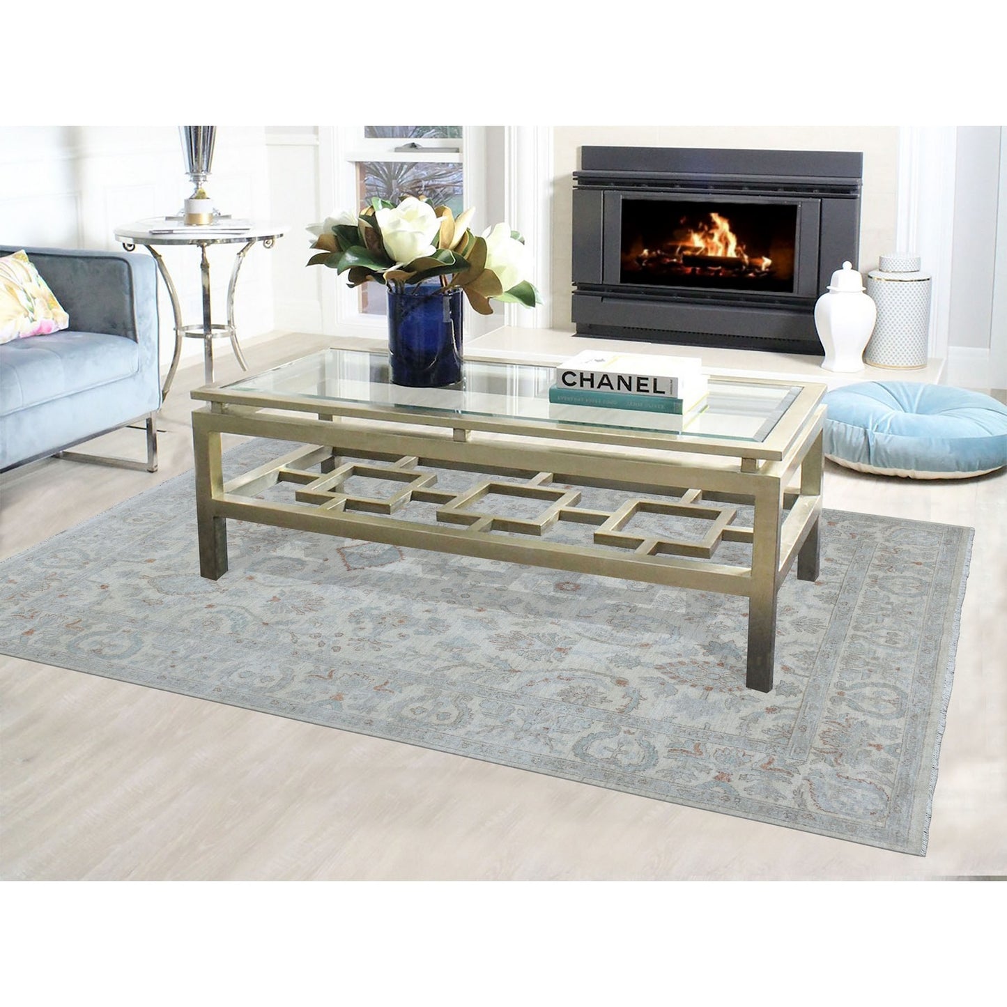 6'X8'10" White Wash Peshawar Pure Wool Hand Knotted Oriental Rug