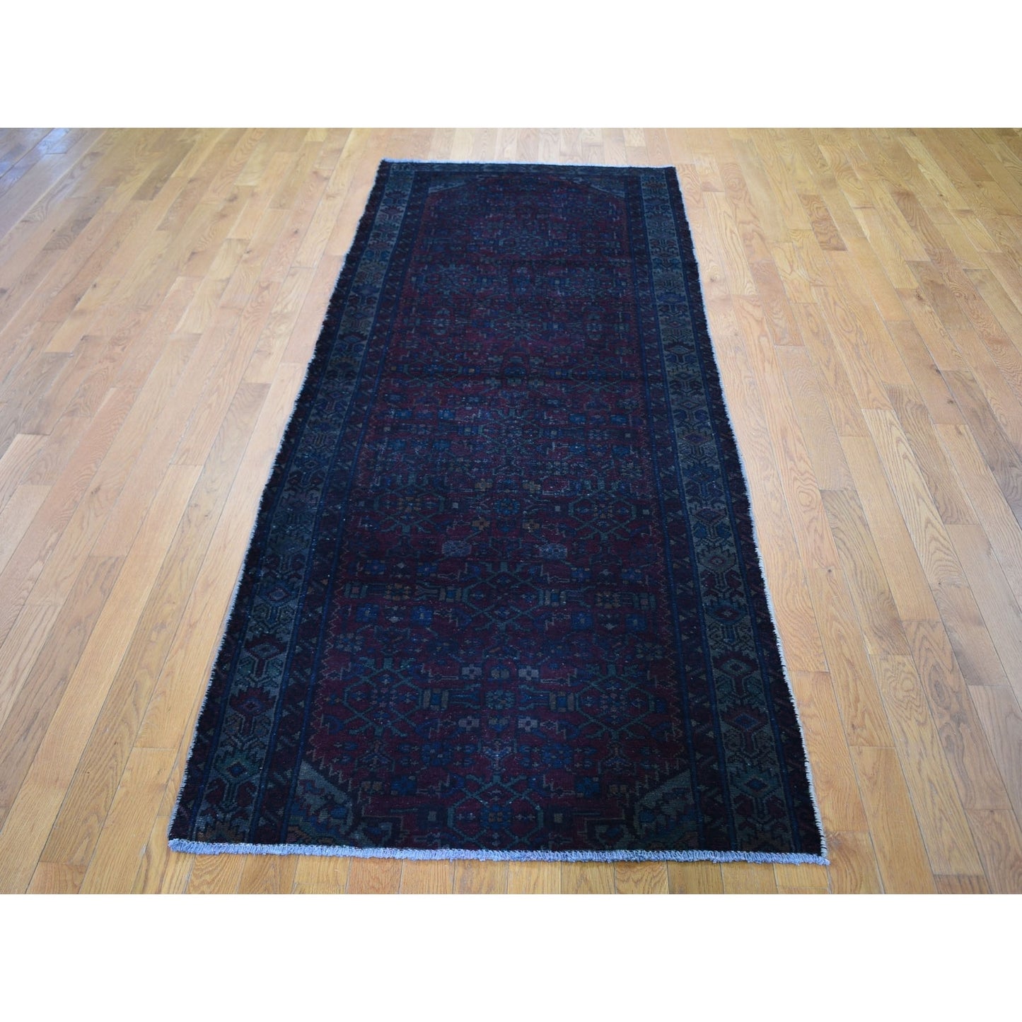 3'6"X9'1" Overdyed Wide Runner Worn Wool Hand Knotted Village Rug