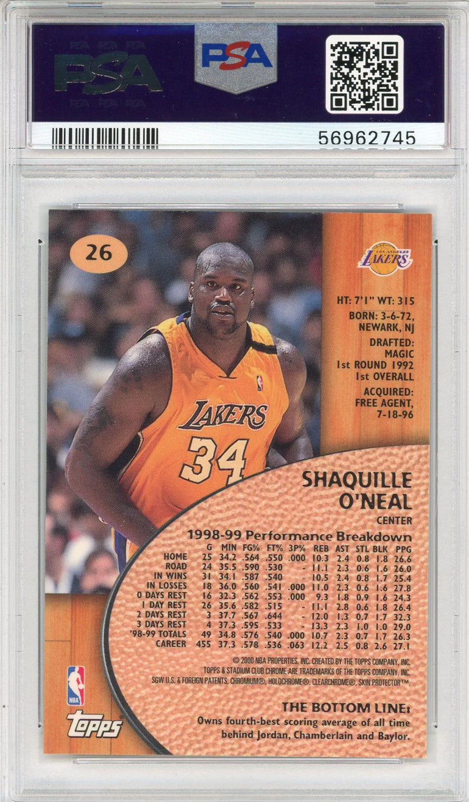 Shaquille O'Neal 1999 Topps Stadium Club Chrome Card #26 (Psa)