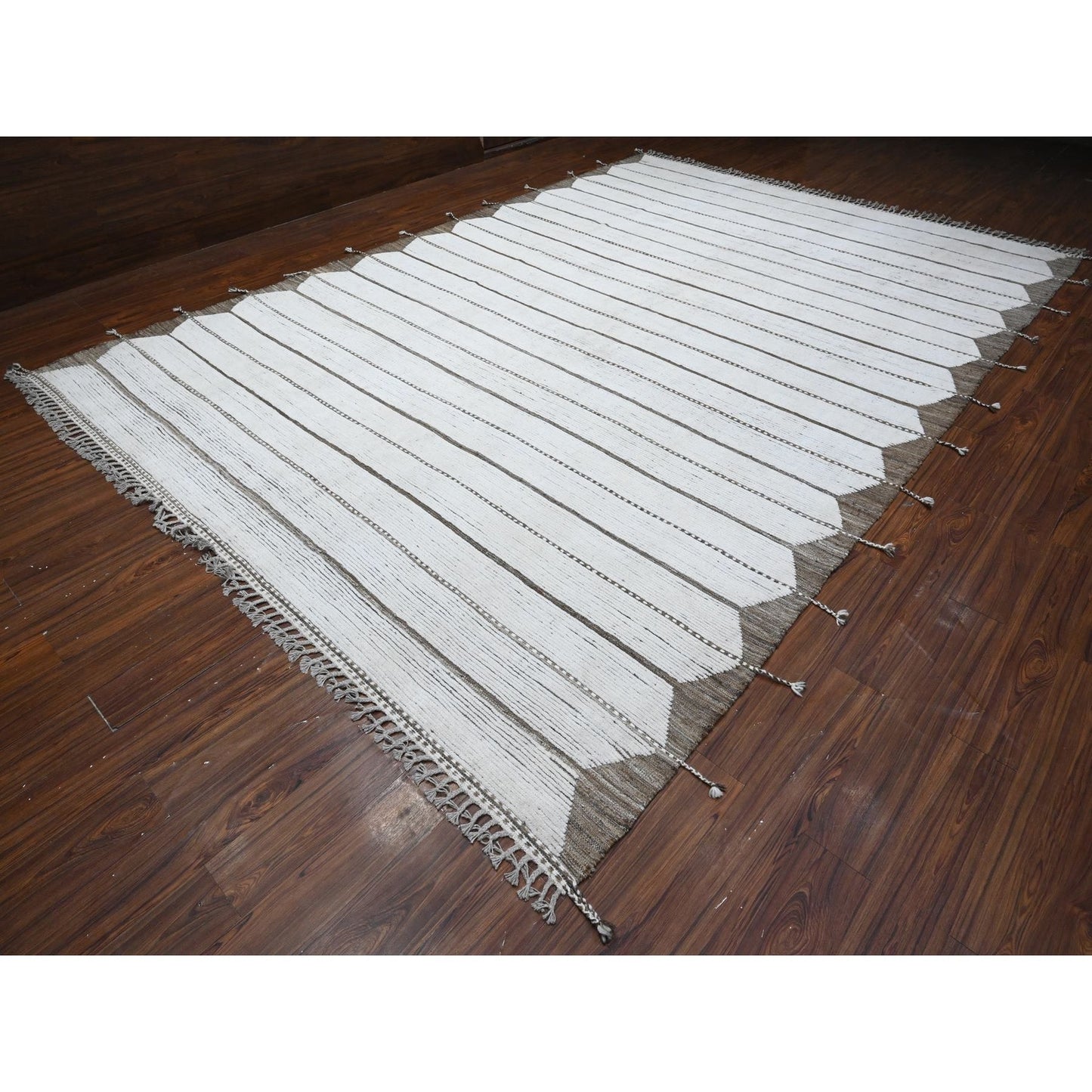 10'X14'5" Daisy White Hand Knotted Horizontal Line Pattern Moroccan Rug
