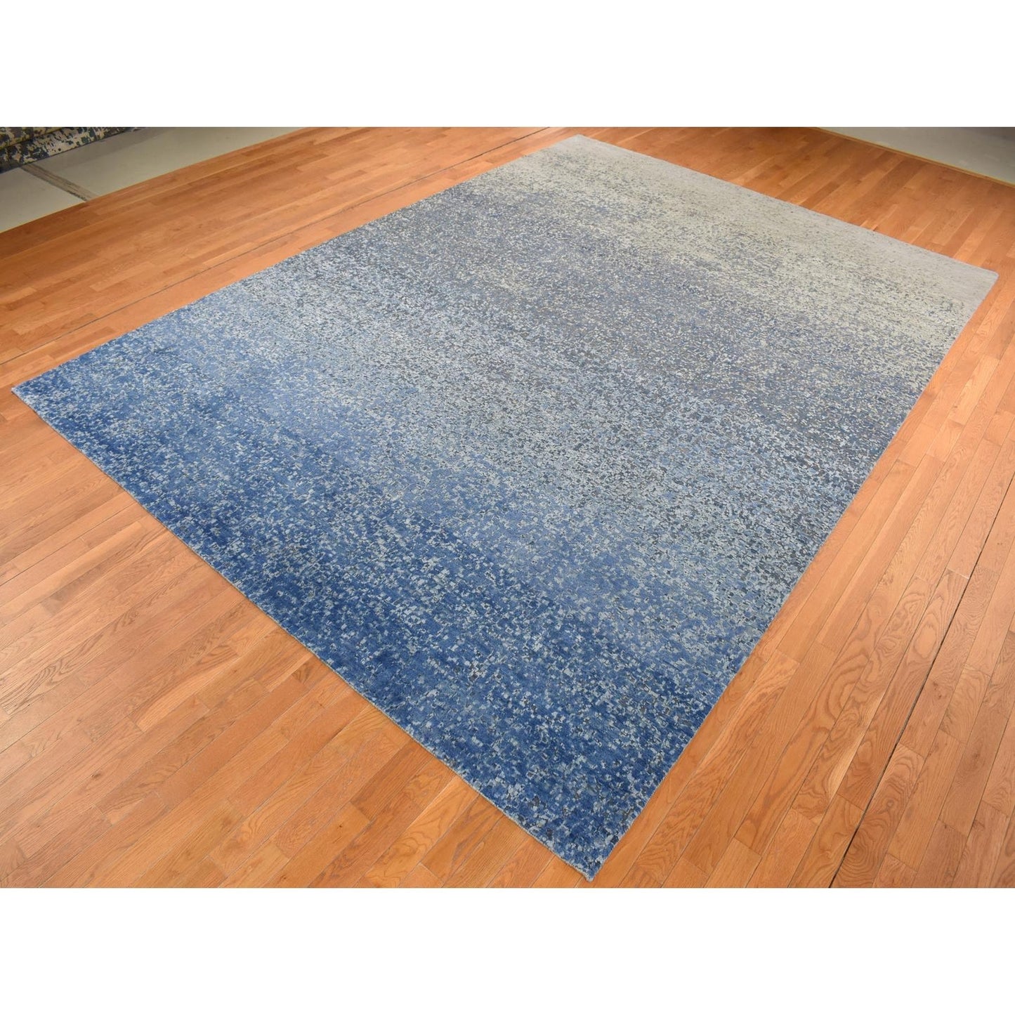 10'X14' Yale Blue Wool And Silk Modern Gradation Design Hand Knotted Rug