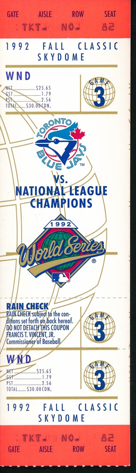 1992 World Series Game 3 Full Ticket Toronto Blue