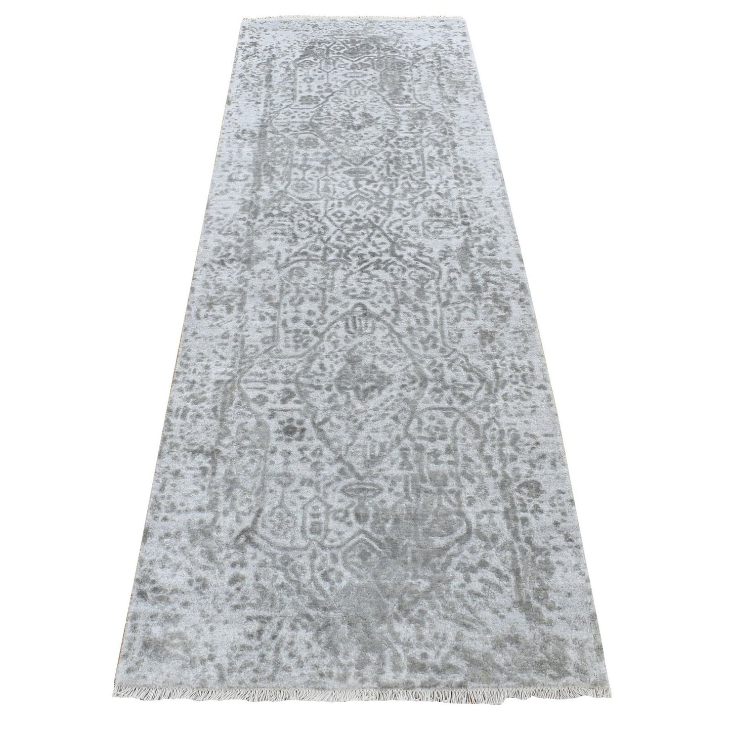 2'7"X8' Gray Zoroastrian Design Wool And Silk Hand Knotted Runner Rug