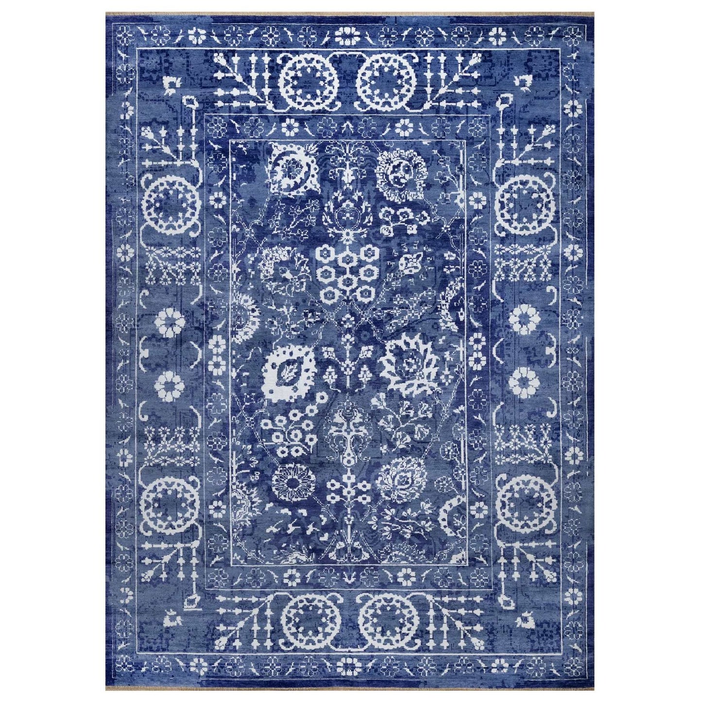 9'X12' Yale Blue Hand Knotted Tebraz With Leaf Motifs Wool And Silk Rug