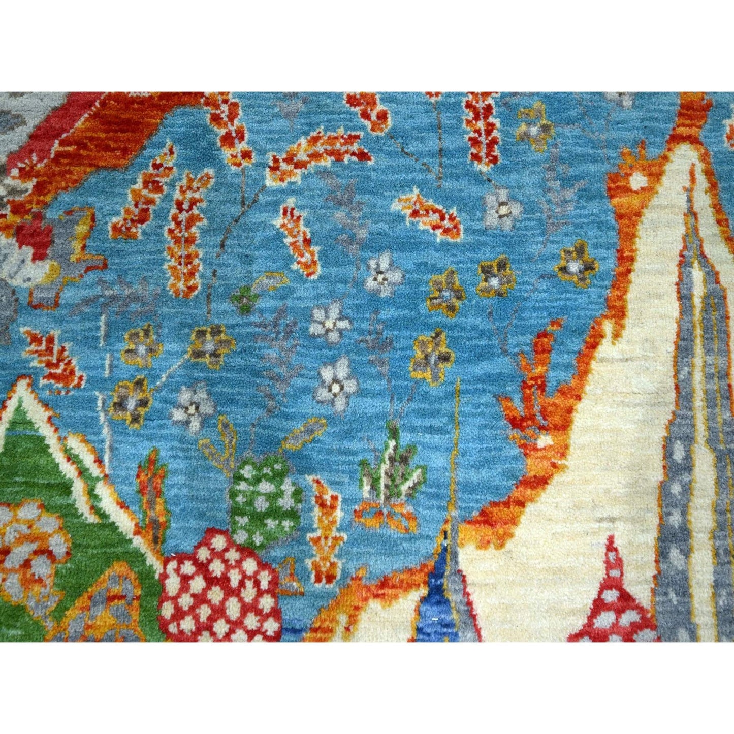8'X10' Blue Pictorial Mountain, Tree Scenery Design Hand Knotted Wool Rug
