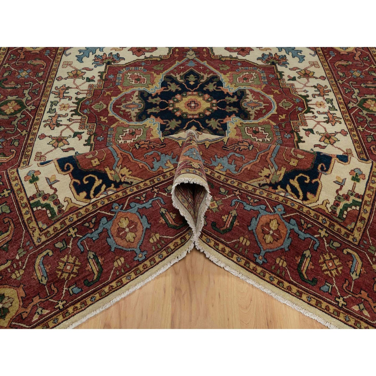 6'2"X9'1" Ivory Antiqued Heris Re-Creation Hand Knotted Soft Wool Rug