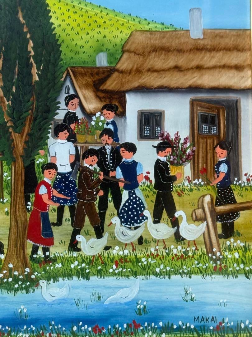 Kapoi Makai Original Oil Painting Naive Art Village Scene Folk Hungary/Romania