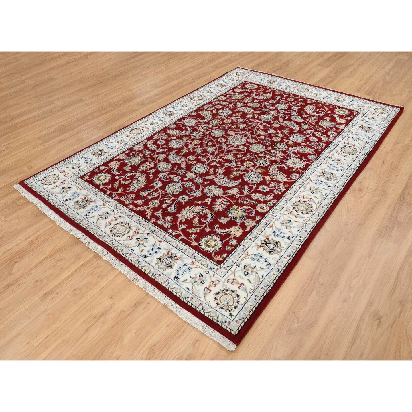 6'X8'10" Cherry Red Nain Flower Design 250 Kpsi Wool Hand Knotted Rug