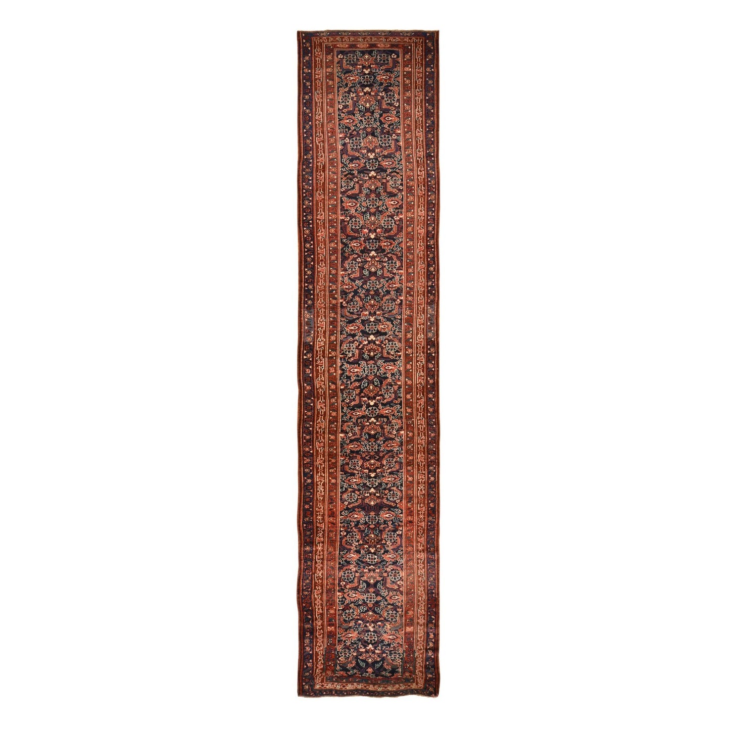 3'4"X16'3" Navy Blue Antique Zoroastrian Rug Pure Wool Hand Knotted Runner