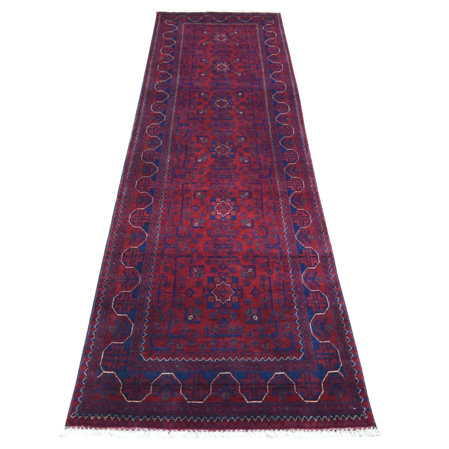 2'8"X9'6" Red Tribal Design Hand Knotted Afghan Khamyab Wool Runner Rug