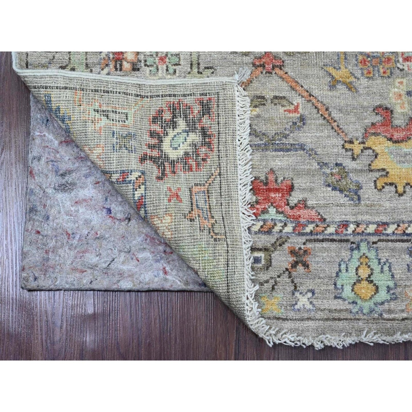 3'X11'7" Gray Hand Knotted Angora Oushak Leaf Design Pure Wool Runner Rug