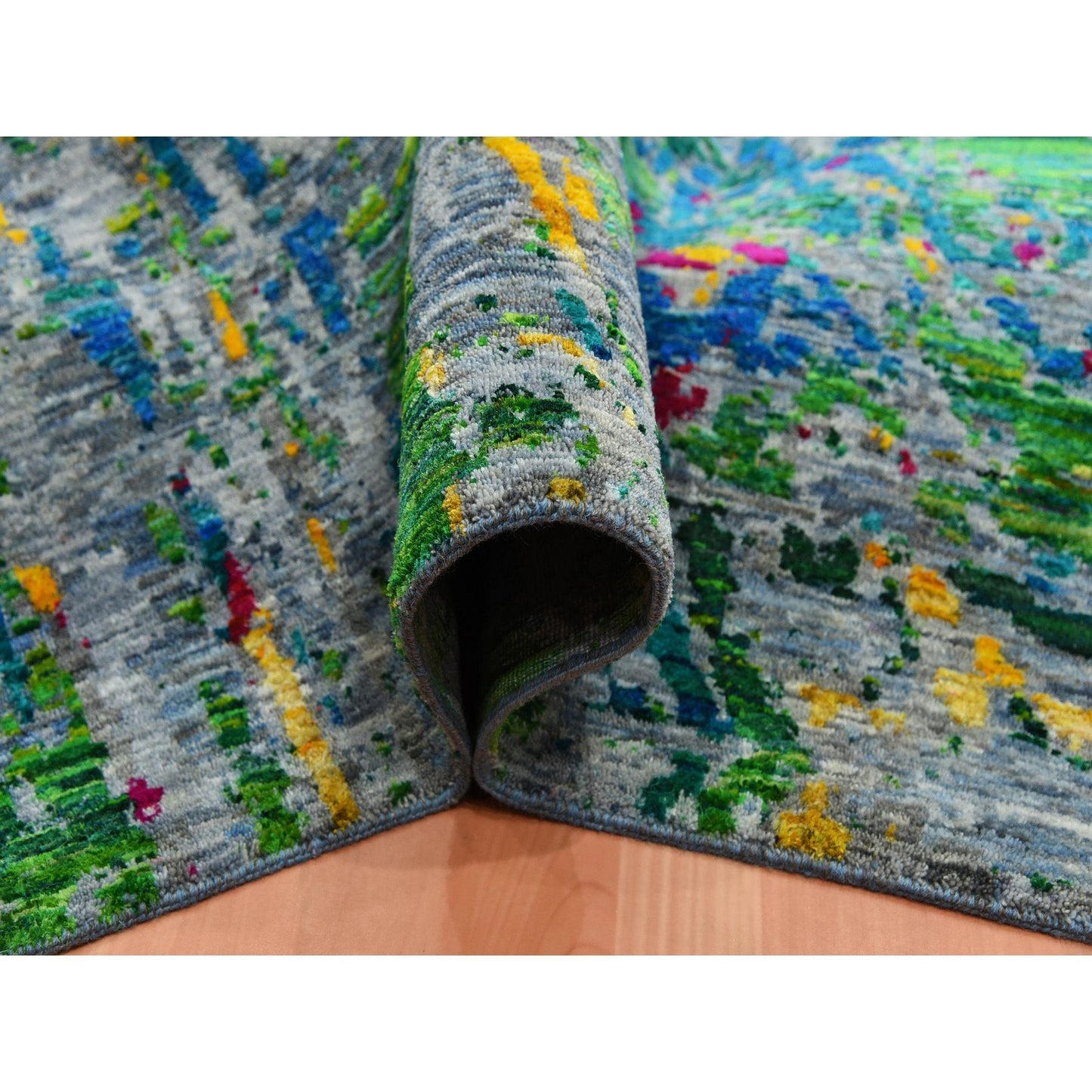 9'X11'9" Gray Lava Design Sari Silk With Wool Hand Knotted Rug