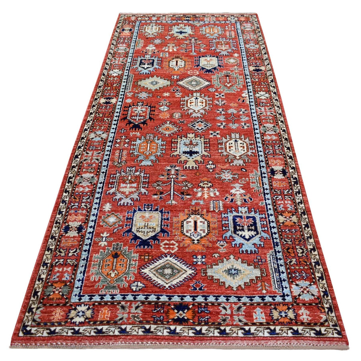 4'X9'7" Red Afghan Ersari Elements Design Wool Hand Knotted Runner Rug