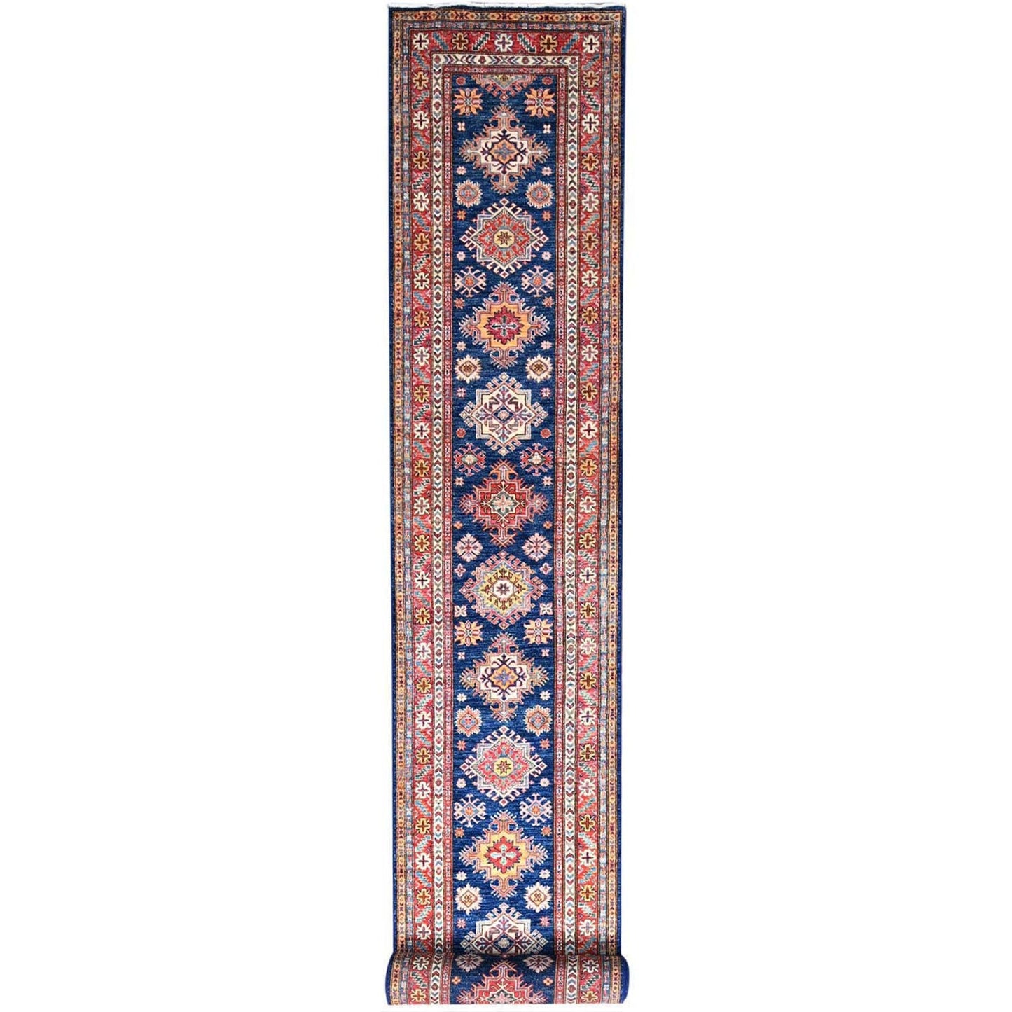 2'9"X26'3" Blue Hand Knotted Super Kazak Wool Xl Runner Rug