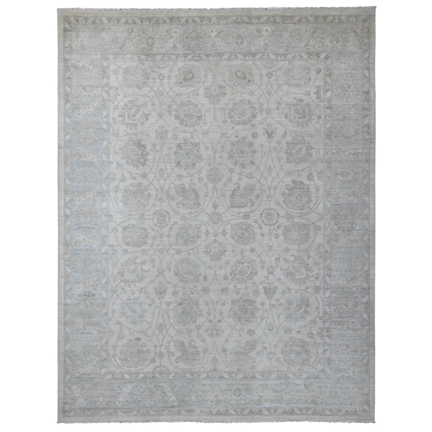 9'2"X11'10" White Washed Out Peshawar Leaf Design Hand Knotted Wool Rug