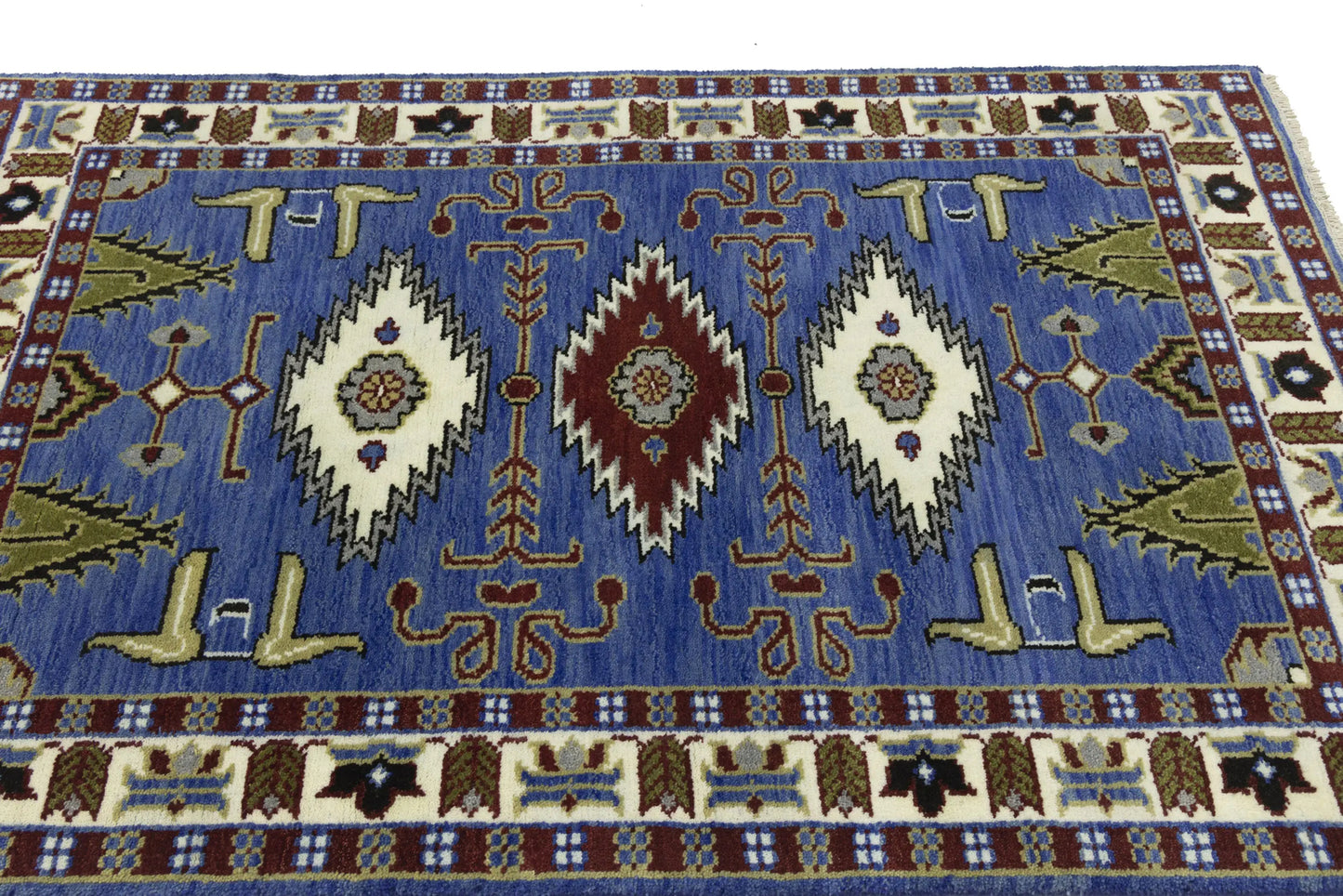 Hand-Knotted Kazak Oriental Rug 4X6 Ft Blue