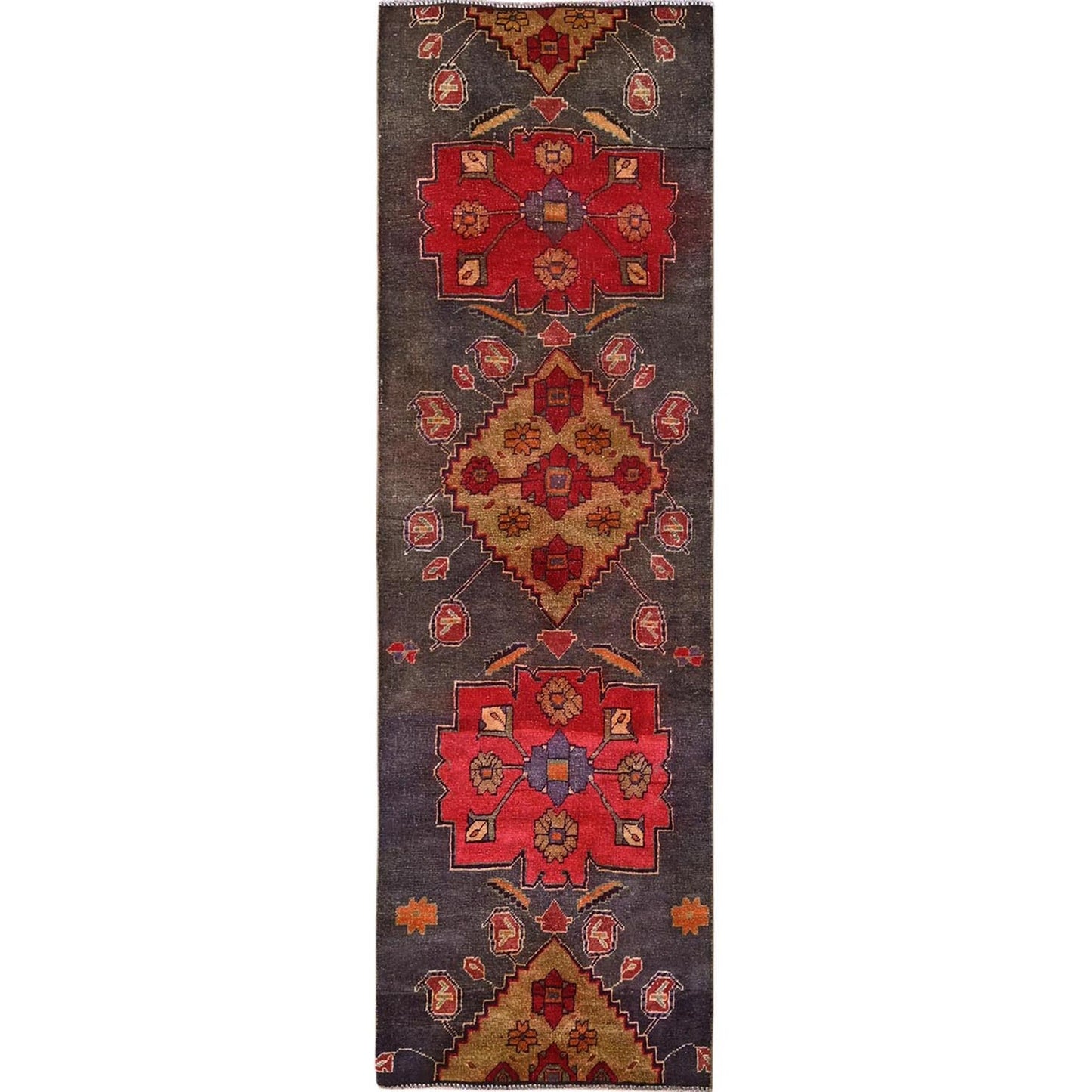 2'8"X7'10" Gray Vintage Zoroastrian Khamadan Hand Knotted Wool Runner Rug