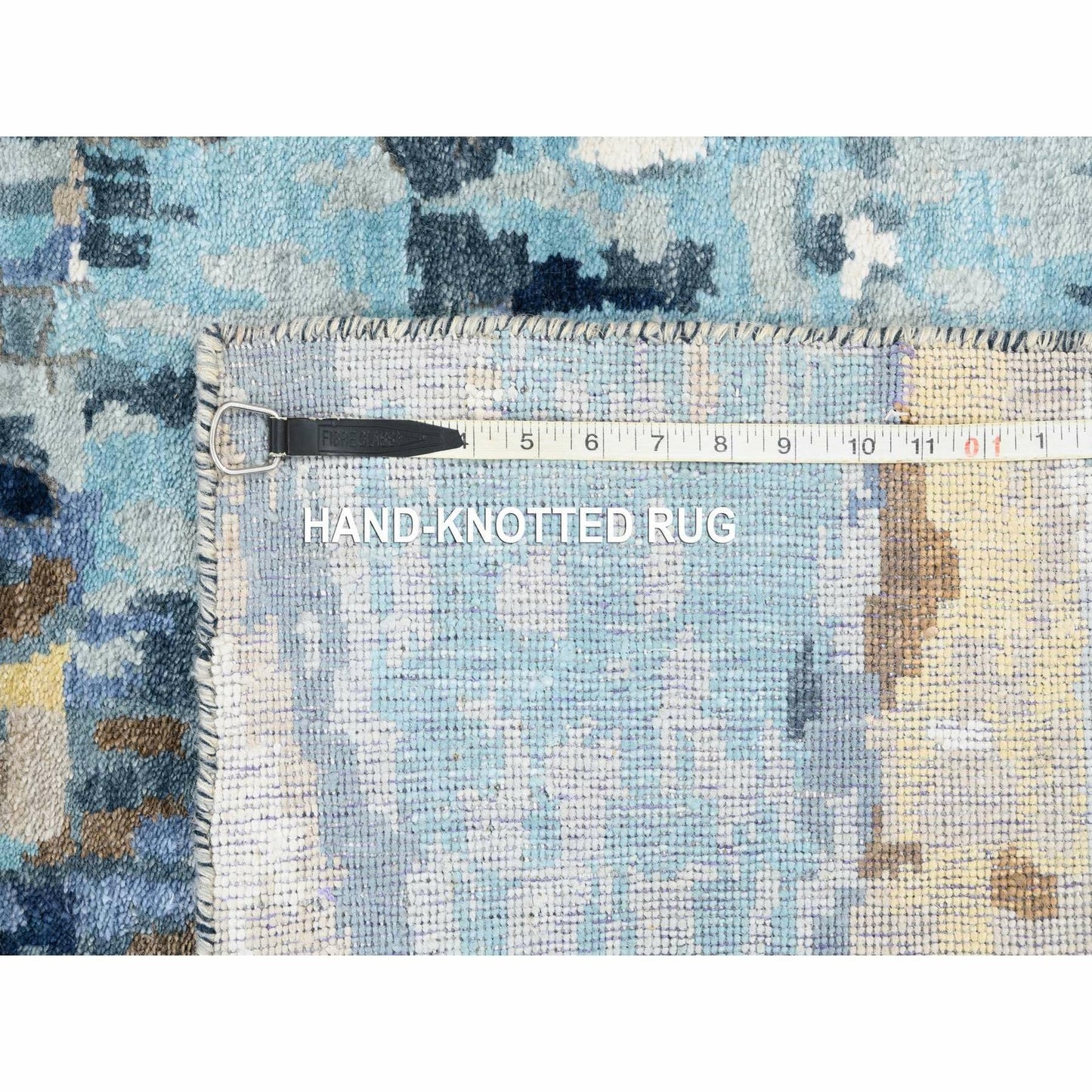 2'6"X10' Denim Blue Mosaic Design Hand Knotted Wool And Silk Rug